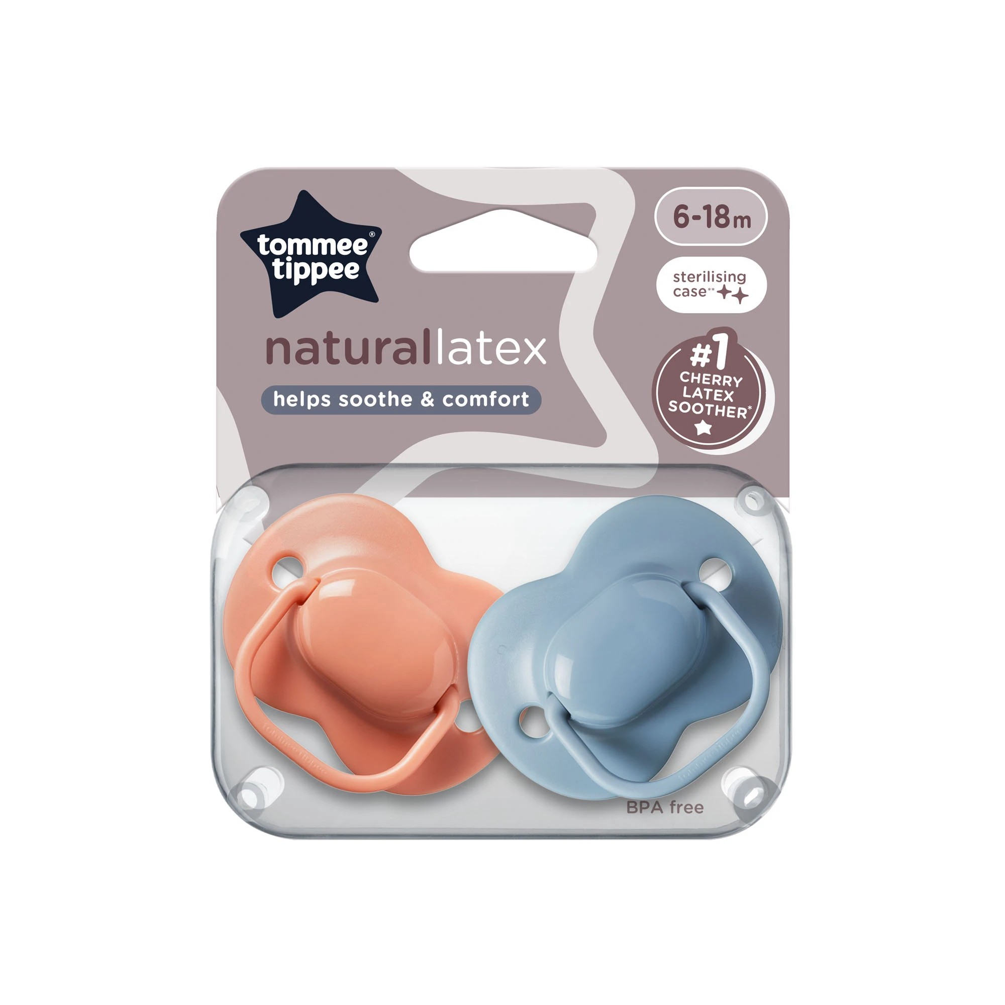 1 2 Pack Tommee Tippee Natural Latex Cherry Soothers - Pink and Blue, 1 of 8