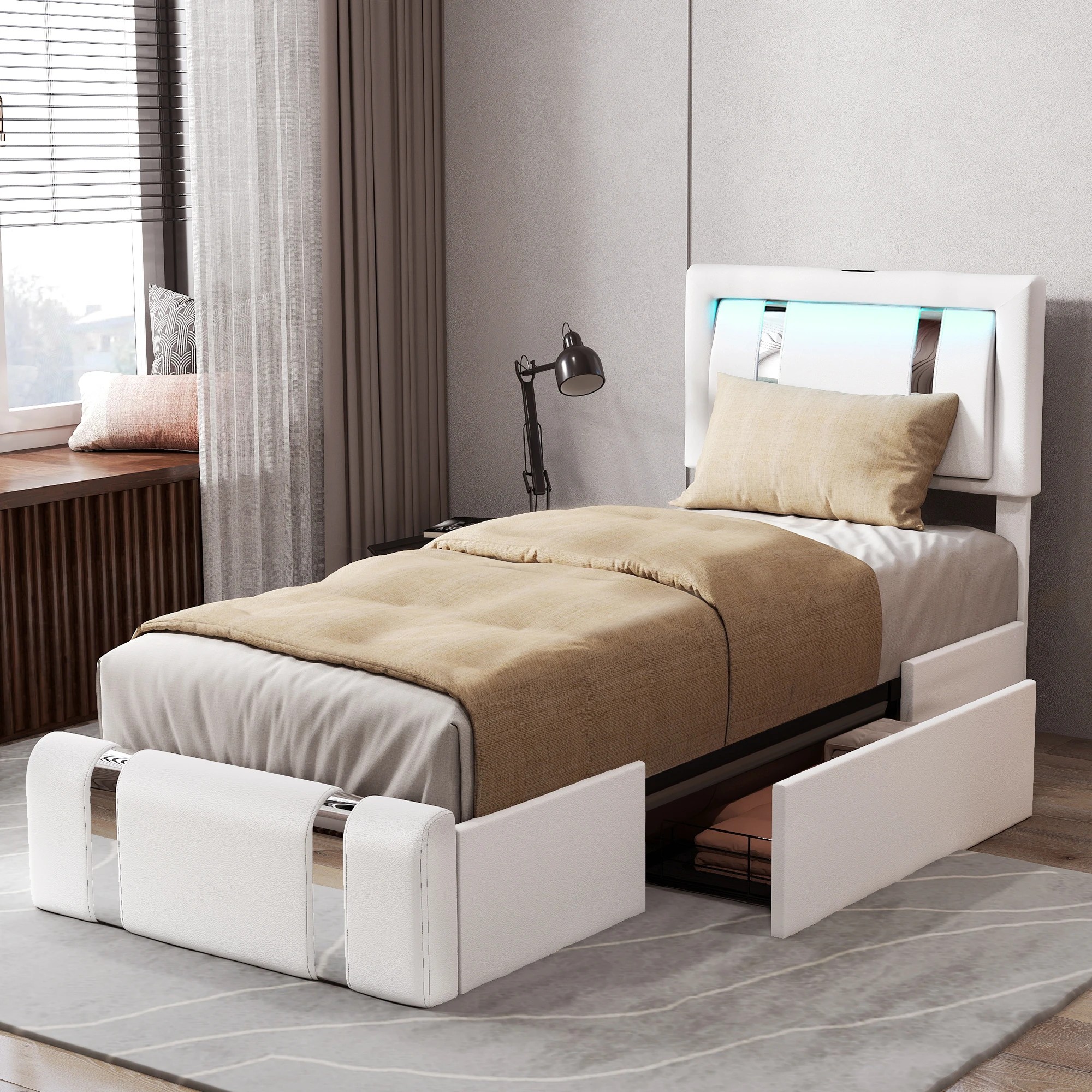 8 Levede Single Bed Frame PU with LED USB and 2 Drawers - White, 8 of 9