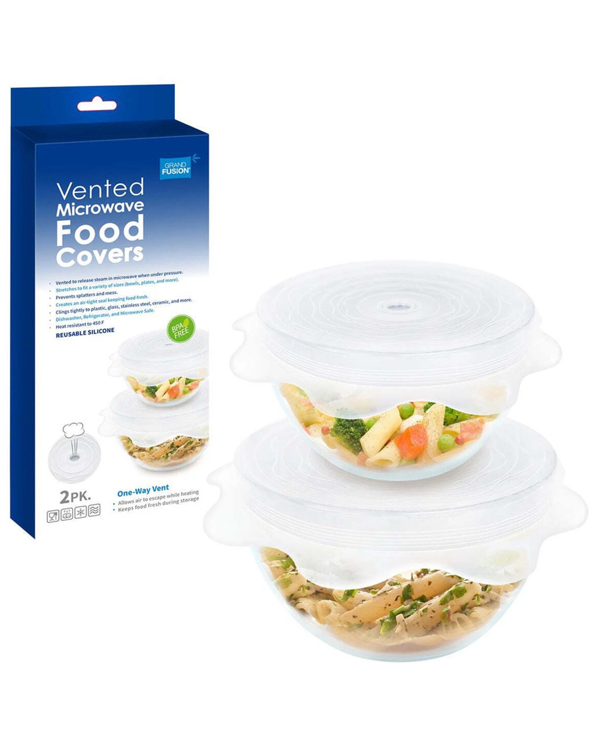 1 Grand Fusion 2 Pack Vented Reusable Silicone Microwave Food Covers 22cm 16cm - White, 1 of 2