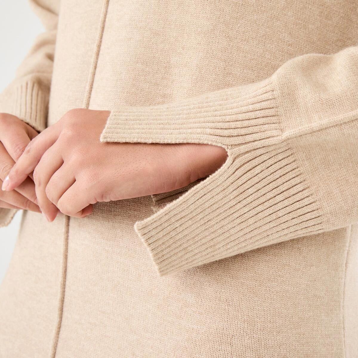 6 Long Sleeve Crew Neck Seam Detail True Knit Midi Dress Beige Marl, 6 of 6