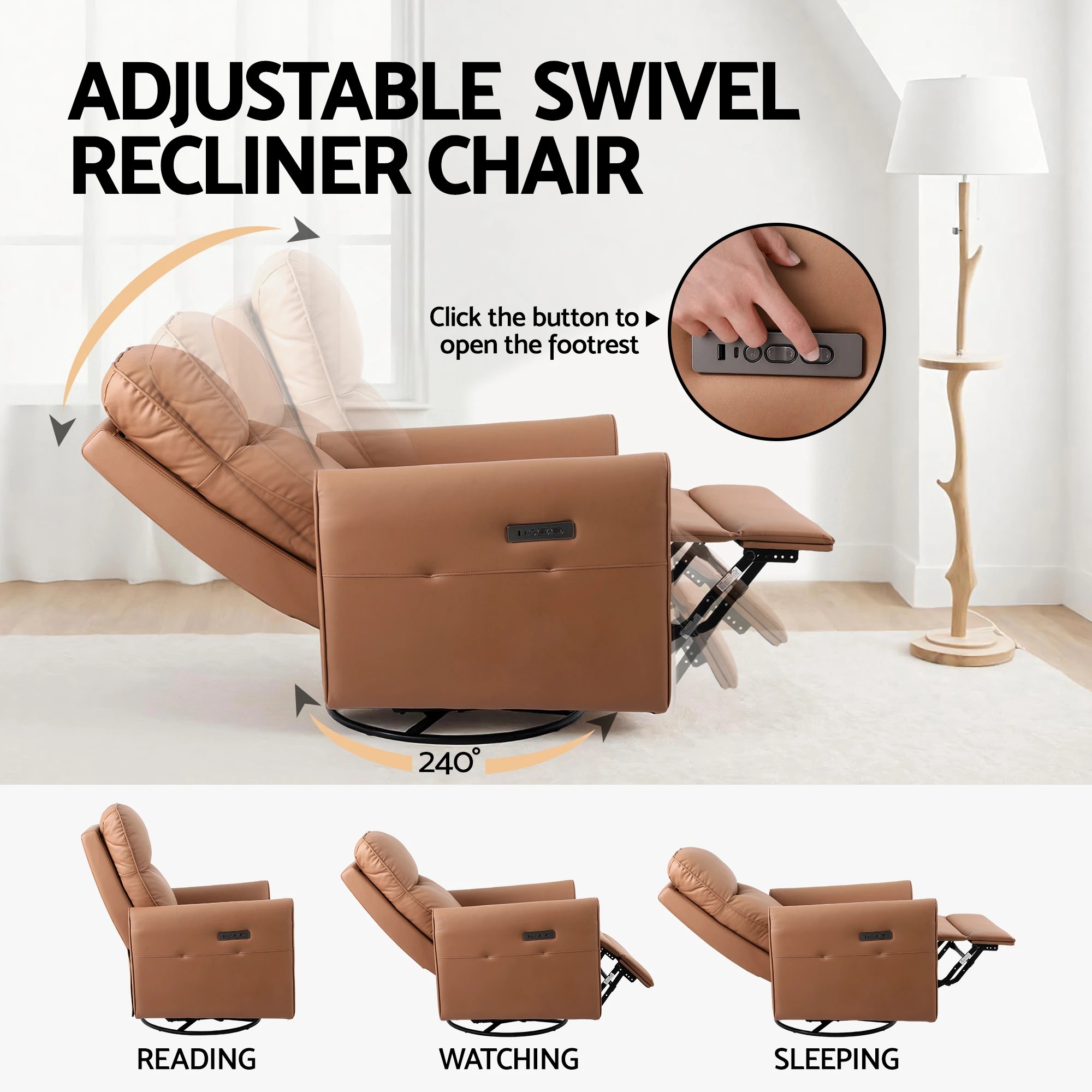 2 Artiss Swivel Recliner Chair Leather Rocking Reclining Sofa​ with Charging Ports - Brown, 2 of 6