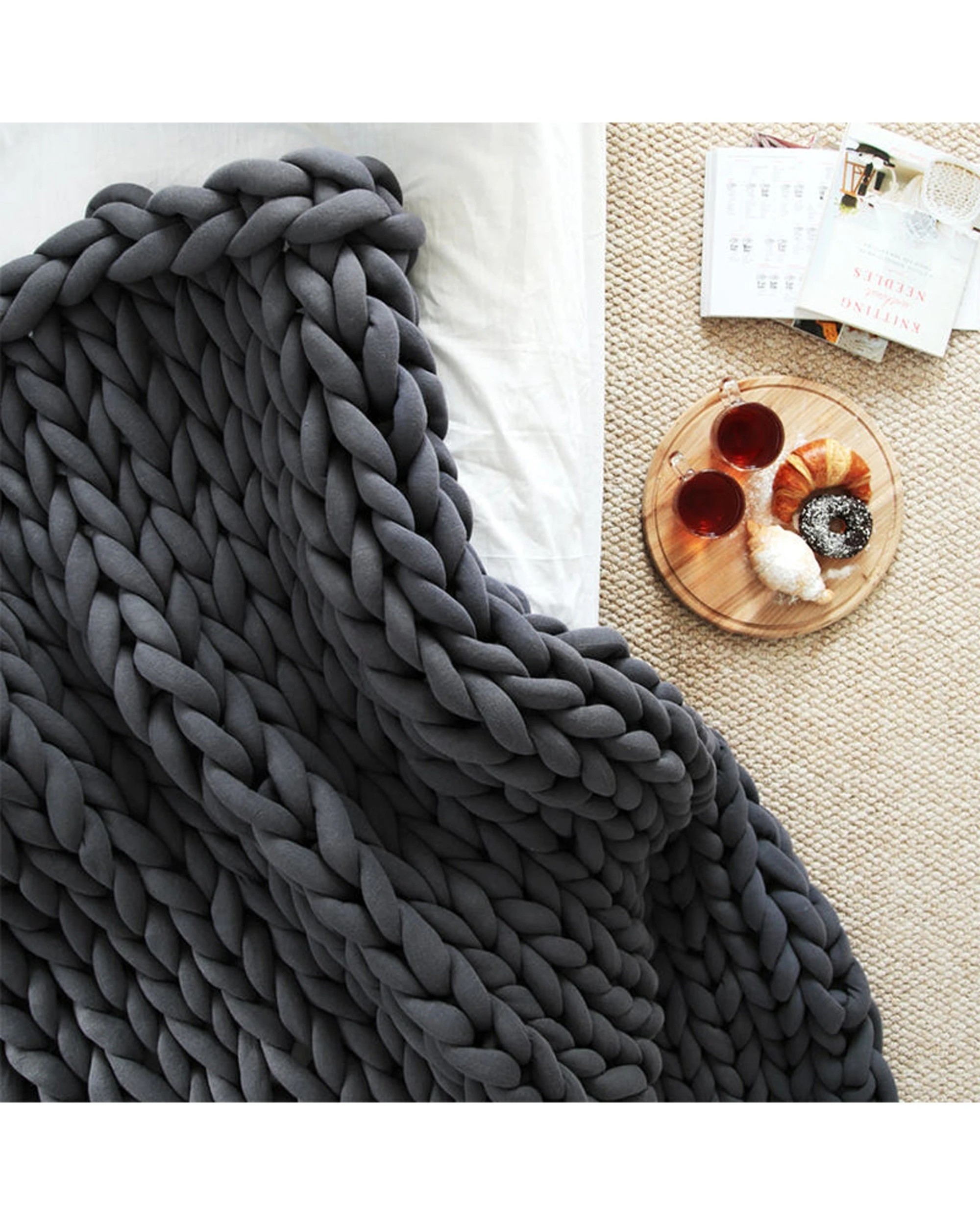4 Cotton More Hand Knitted Chunky Braid Blanket 110x180cm - Charcoal, 4 of 4