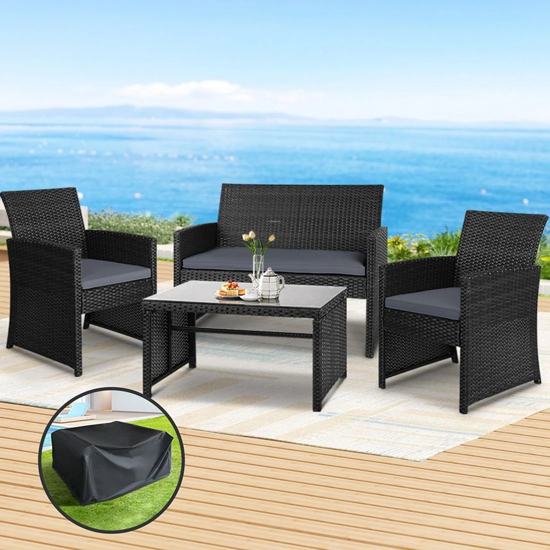 3 Gardeon 4 PCS Outdoor Sofa Set with Storage Cover Rattan Chair Furniture Black - Black, 3 of 6