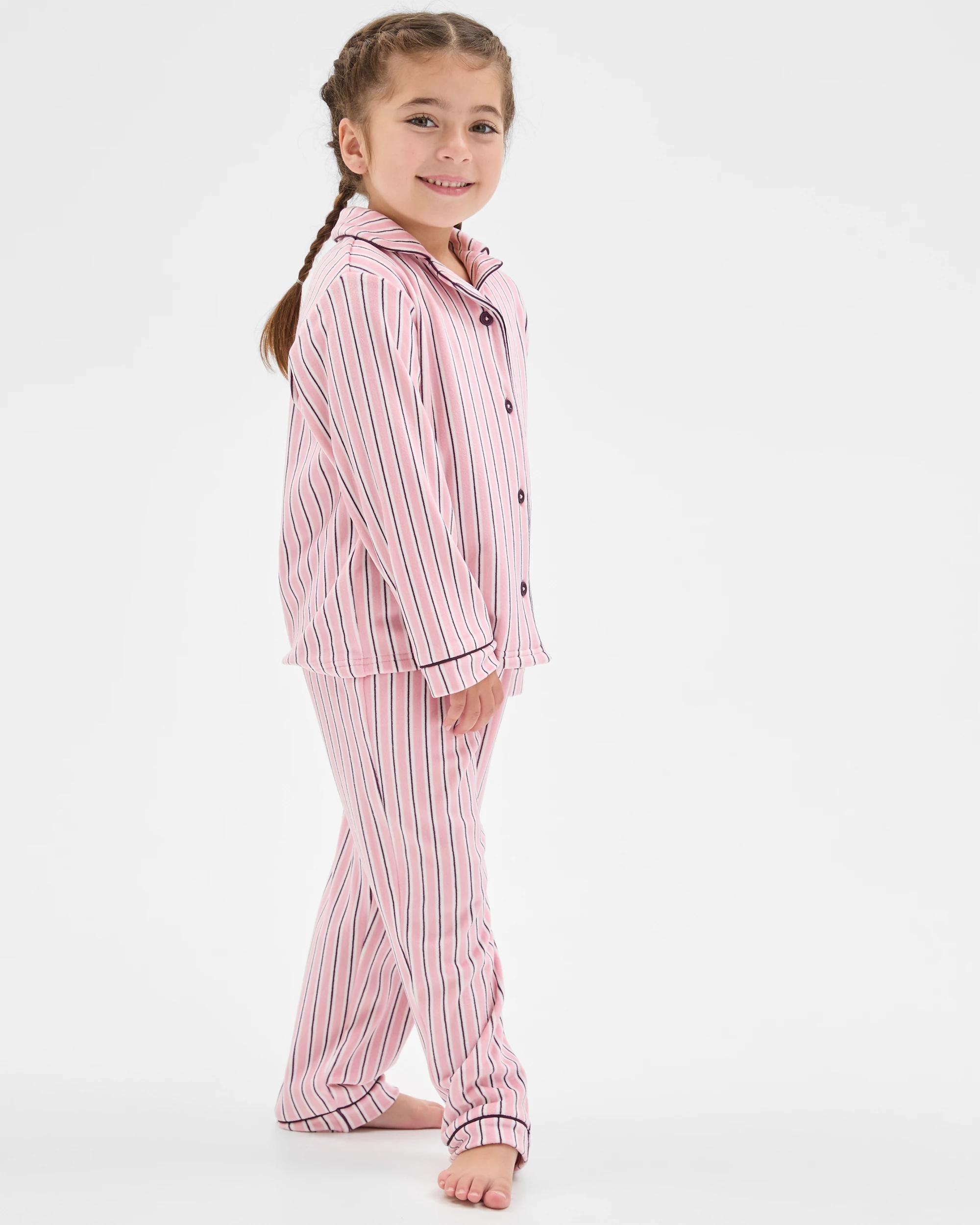 2 Target Kids Younger Girls Button Through Fleece Pyjama Set STRIPE, 2 of 6