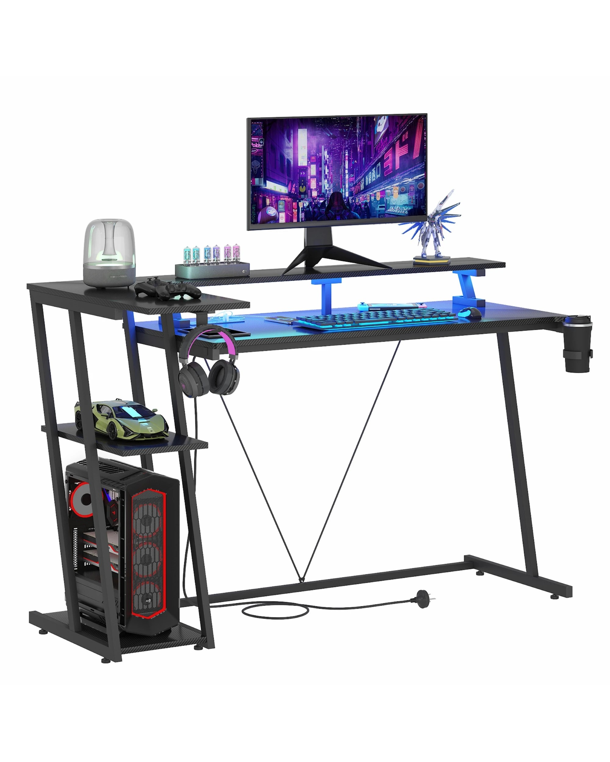 6 Advwin 140cm L Shaped Gaming Desk with LED Lights & Power Outlets Reversible Storage Shelf - Black, 6 of 9