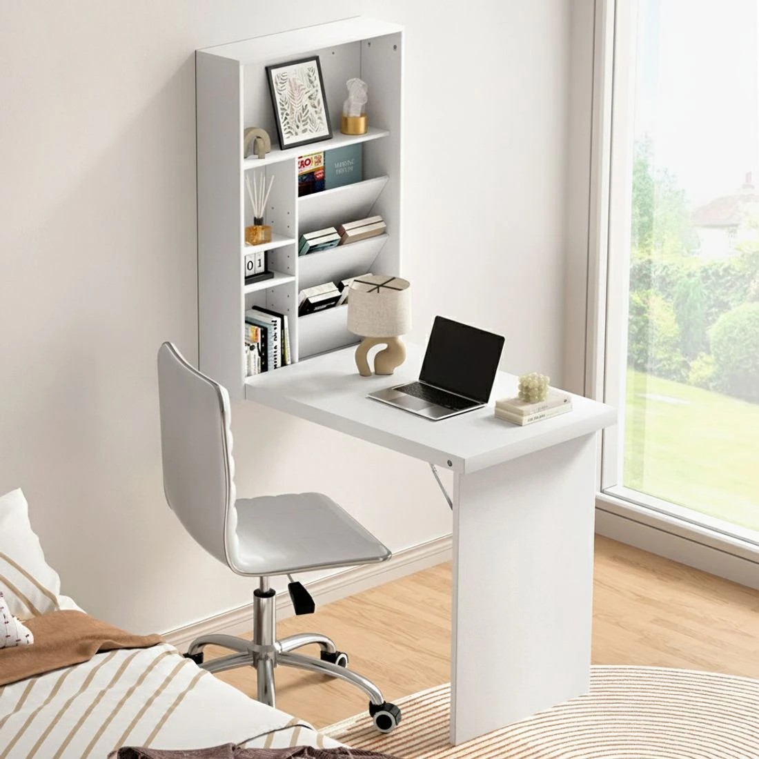 4 Artiss Computer Desk Office Chair Set PU Leather Wall Mount Foldable Table - White, 4 of 6