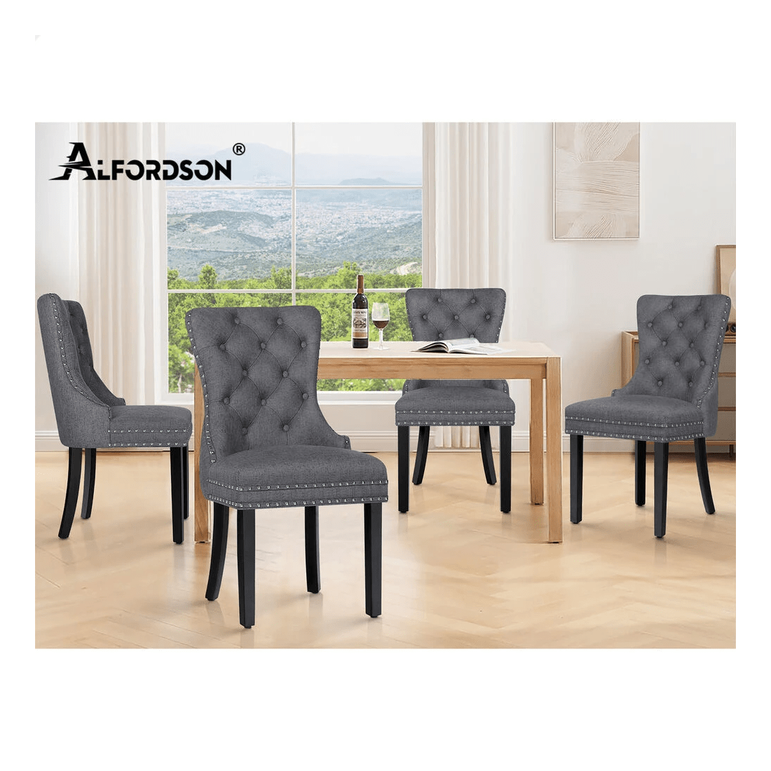 10 Alfordson 2x Dining Chair Kitchen Lounge Retro Button Tufted Wooden Fabric - Grey, 10 of 10
