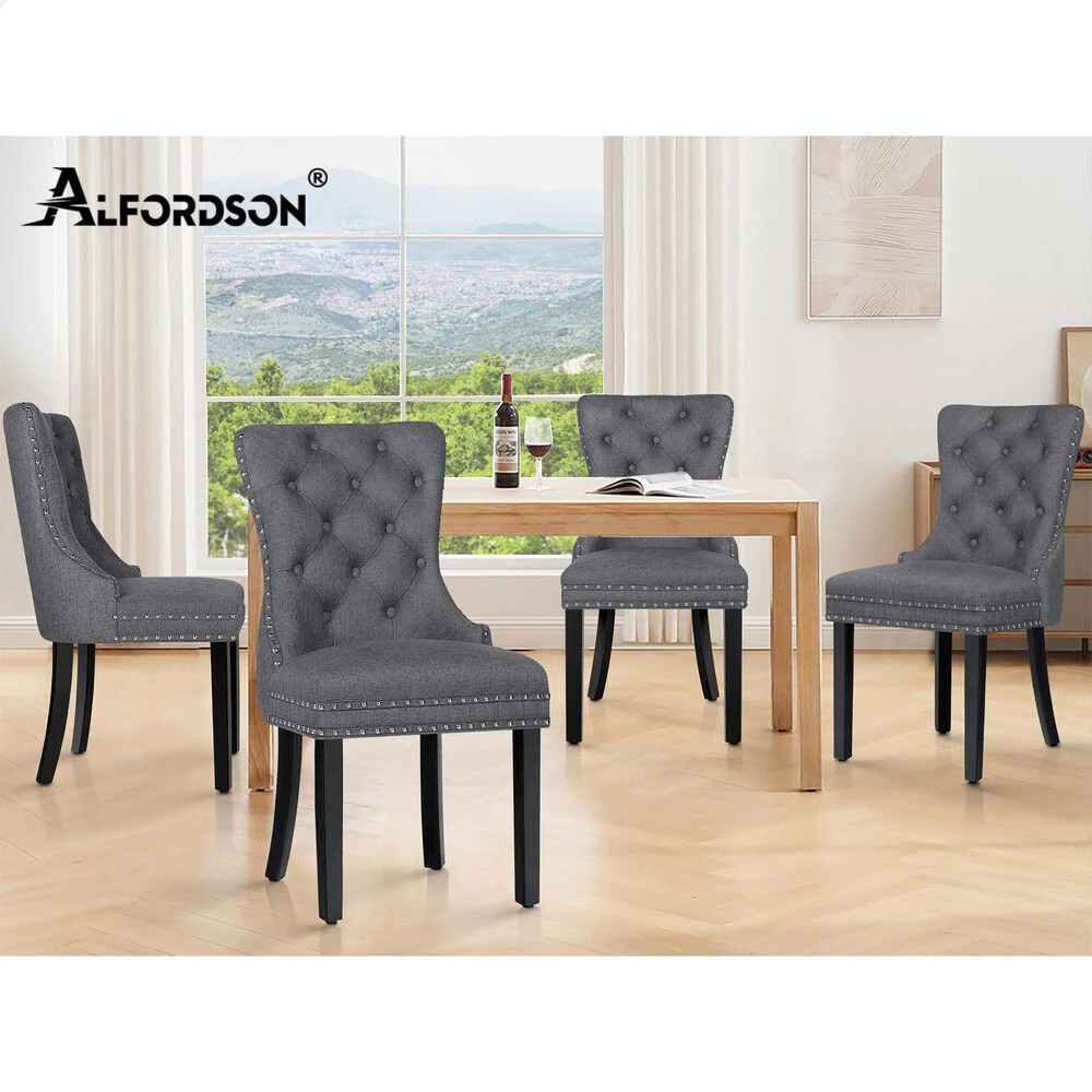 10 Alfordson 2x Dining Chair Kitchen Lounge Retro Button Tufted Wooden Fabric - Grey, 10 of 10