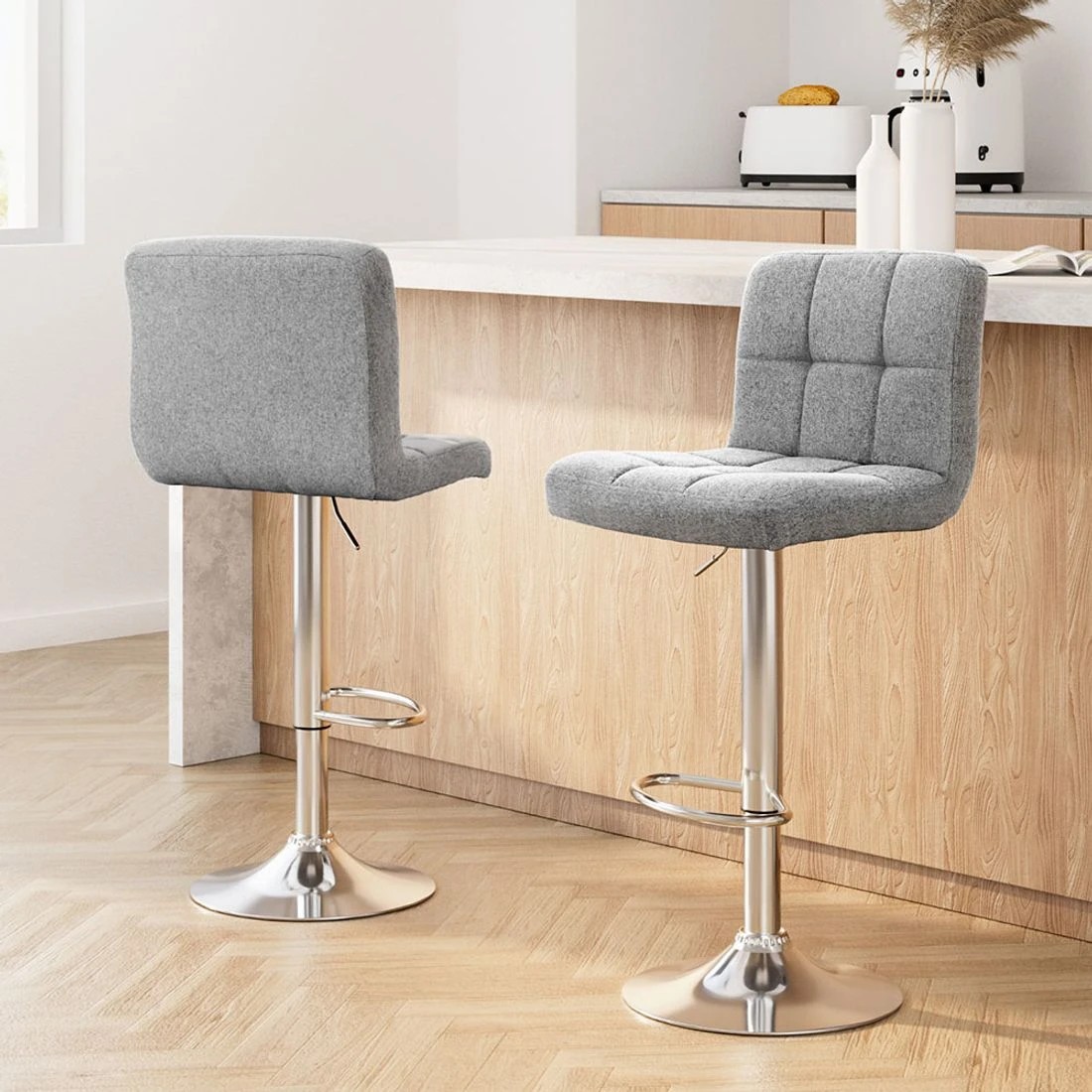 1 Artiss 2x Bar Stools Fabric Gas Lift - Grey, 1 of 8