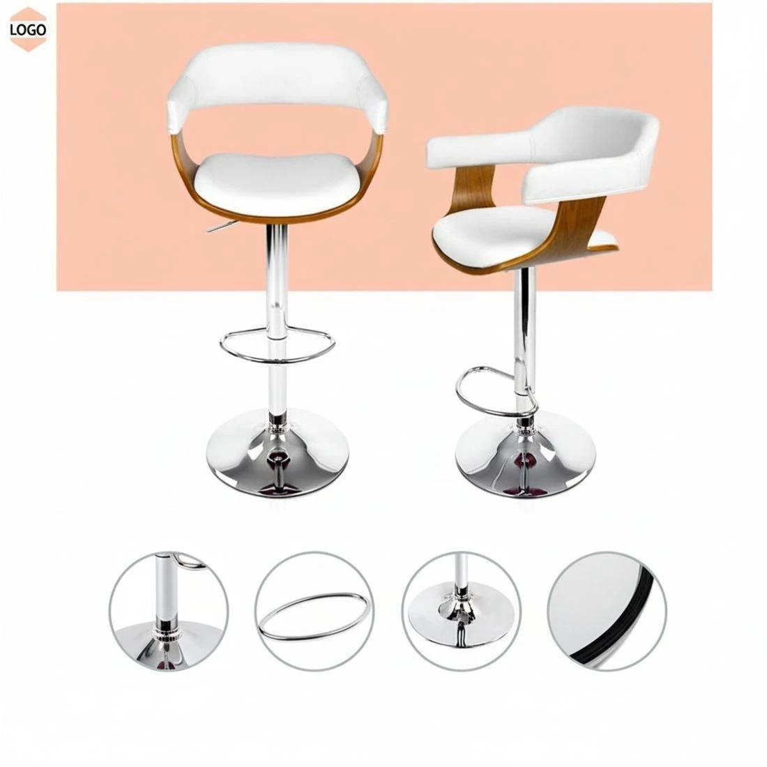 6 Artiss Bar Stools Gas Lift Leather w/Armrest - White, 6 of 8