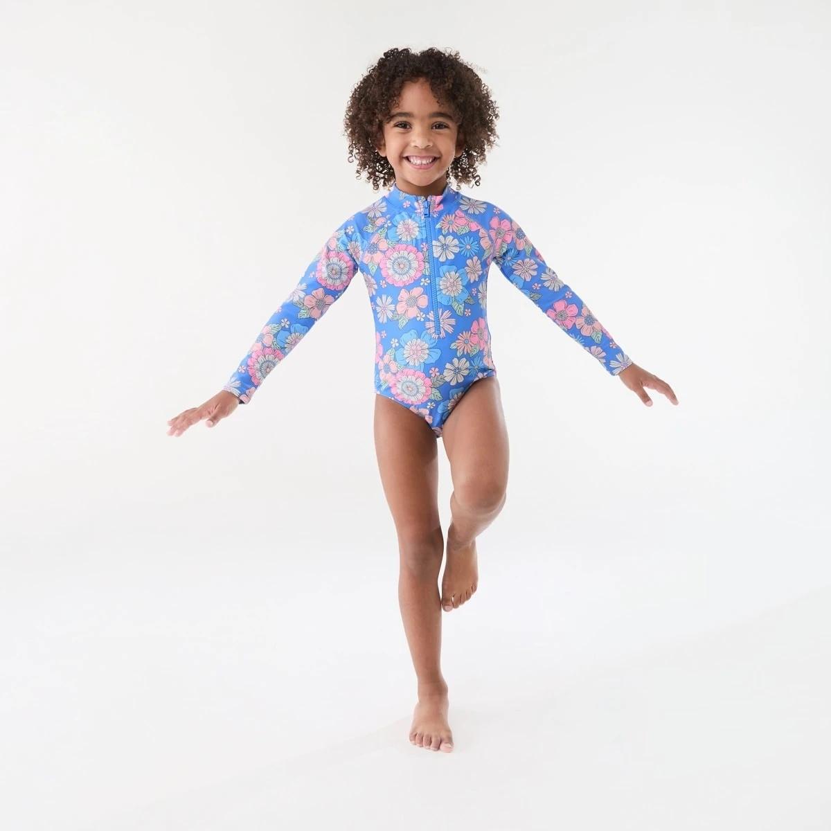 4 Long Sleeve One Piece Swimsuit Blu Flower, 4 of 7