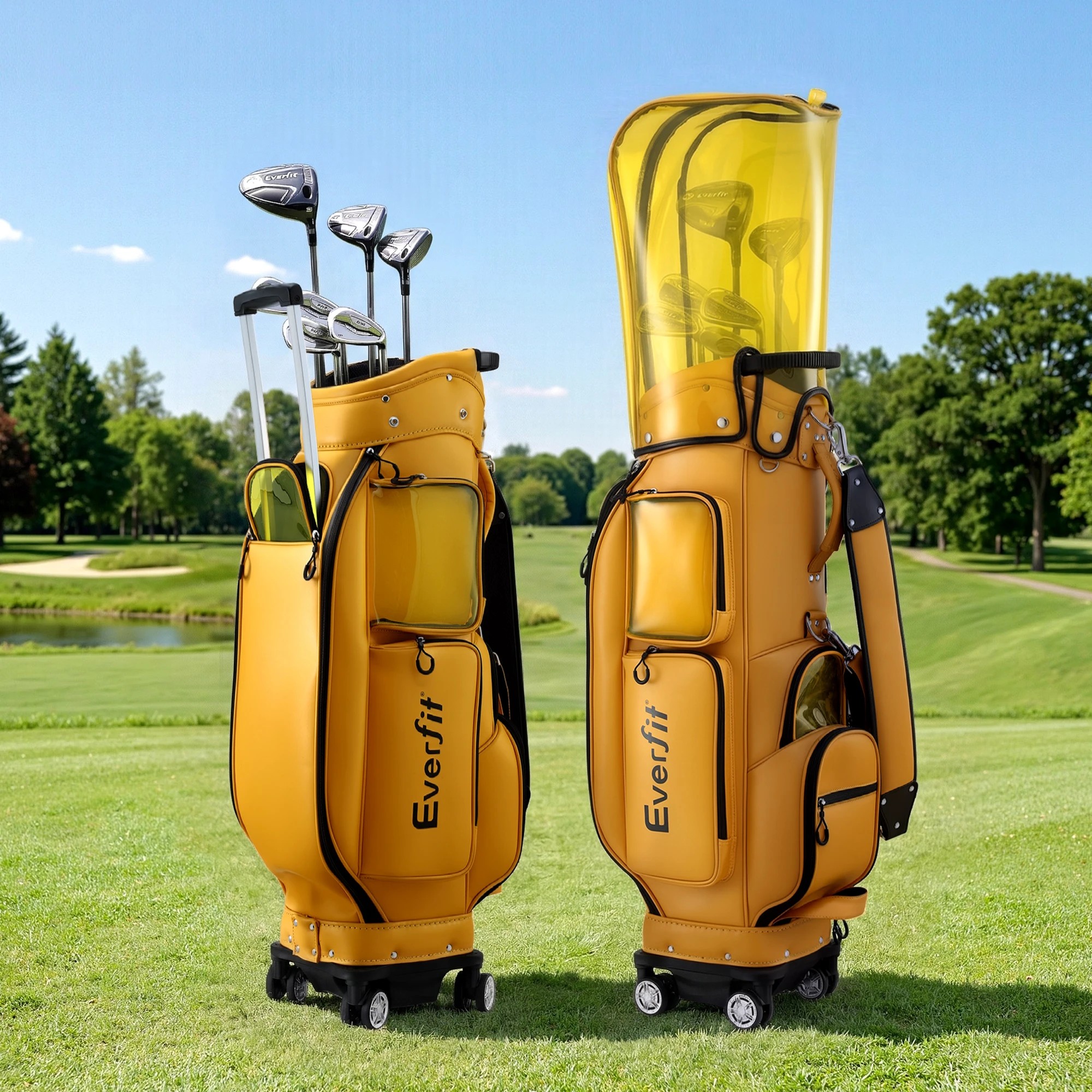 4 Everfit Golf Cart Bag Rolling Buggy Club Organiser Synthetic Leather - Yellow, 4 of 4