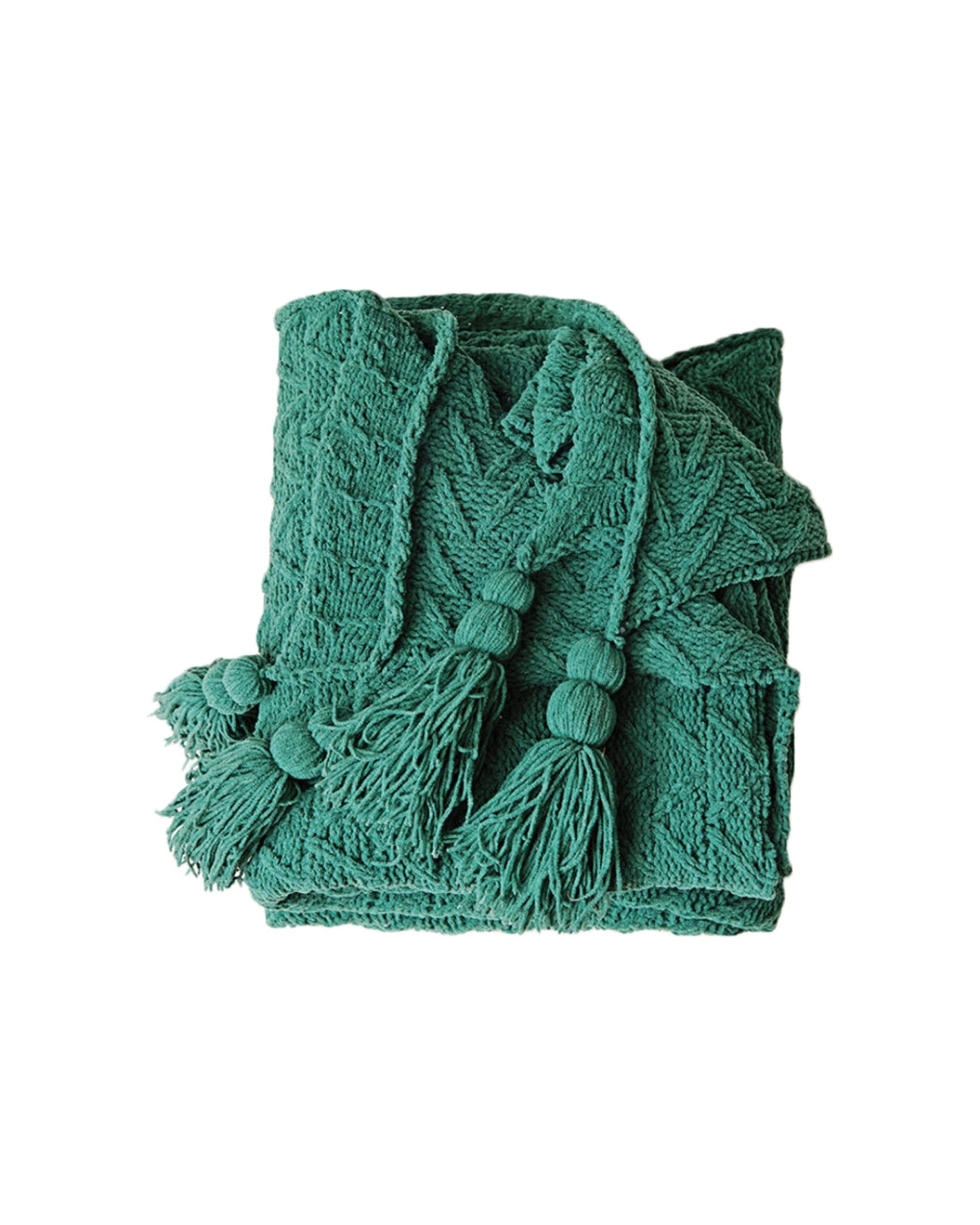 1 Cotton More Acrylic Chenille Knitted Blanket Herringbone Tassel 130x160cm Dark - Green, 1 of 2
