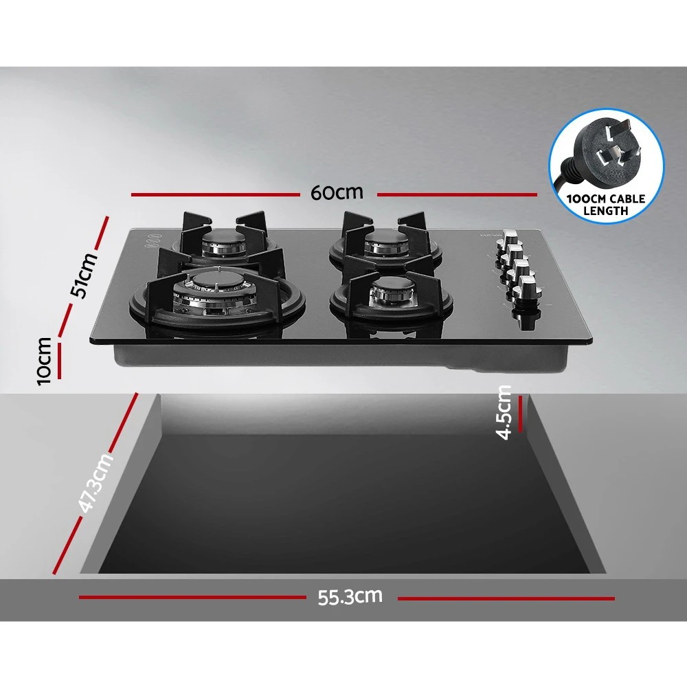 2 Devanti Gas Cooktop 60cm Stove Hob - Black, 2 of 7