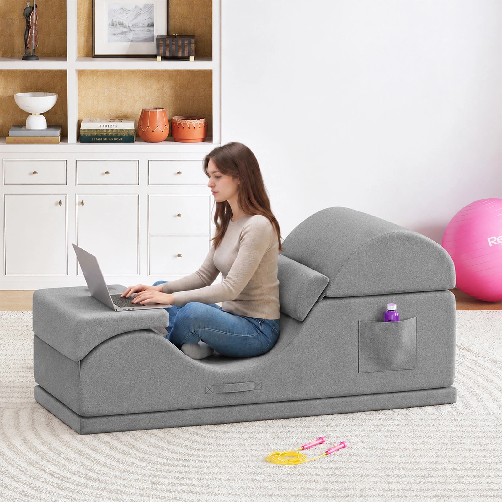 7 Advwin Convertible Yoga Chair Chaise Lounge with Suede Cover Detachable Mat - Grey, 7 of 7