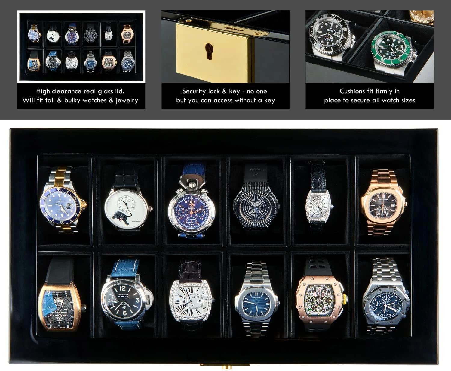 7 HAWK & GABLE 12 Slot Watch Box Organizer with Drawer Luxury Piano Finish Case PIANO BLACK, 7 of 9