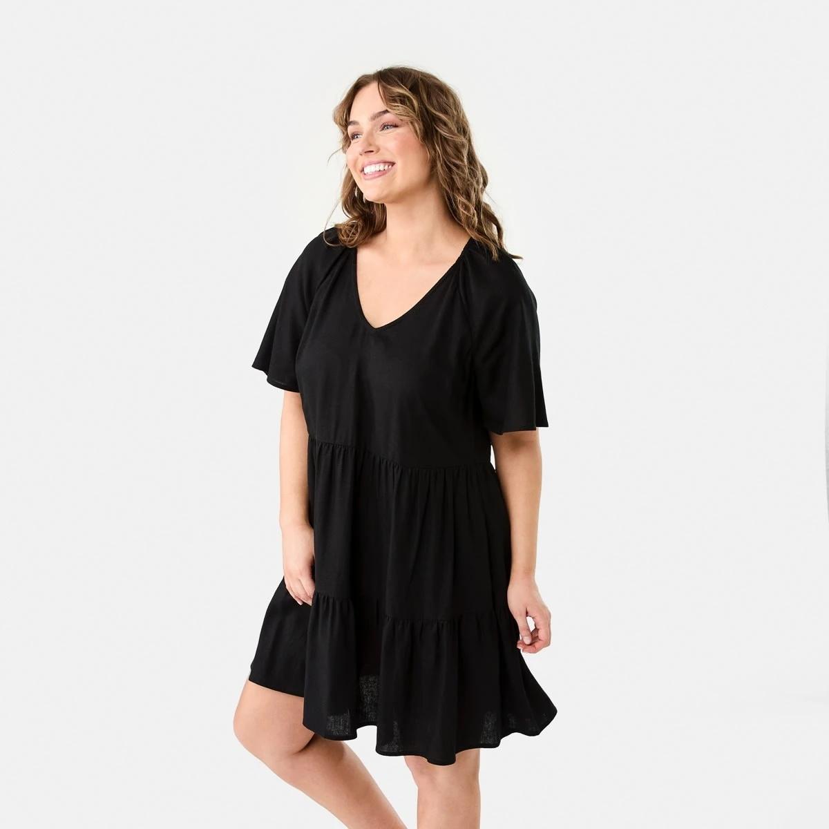 3 Short Sleeve Linen Blend Tiered Mini Dress BLACK, 3 of 9