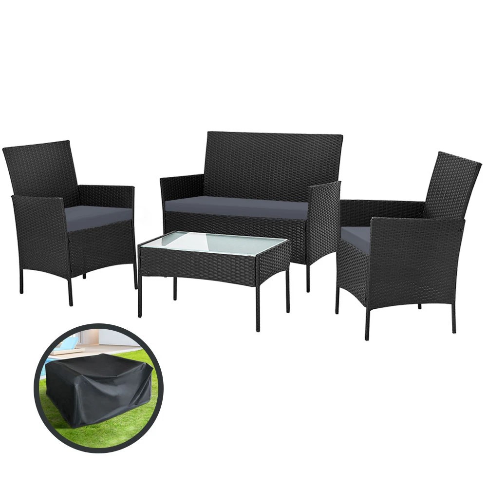1 Gardeon 4 Seater Outdoor Sofa Set with Storage Cover Wicker Table Chair - Black, 1 of 5