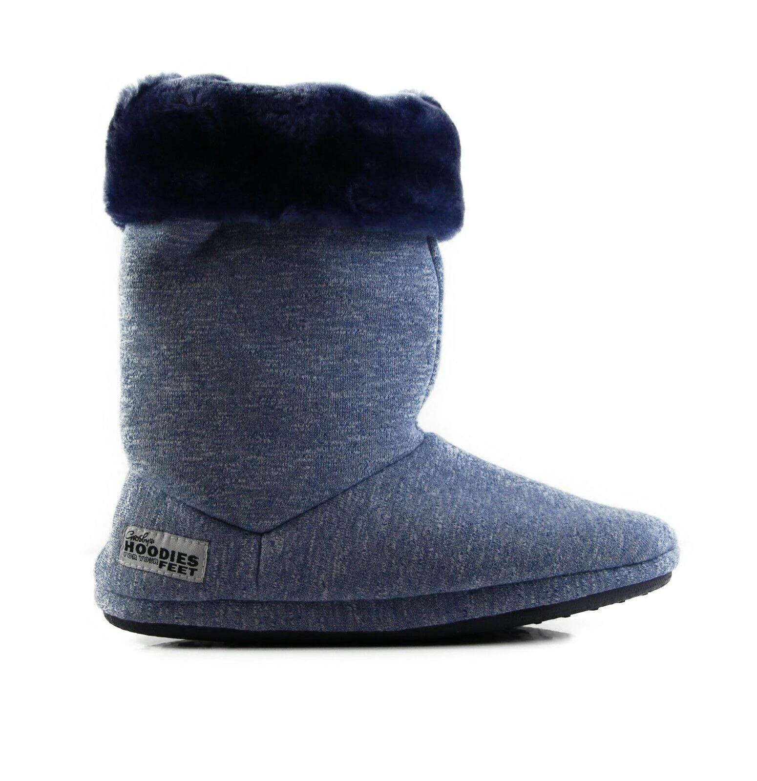 2 Grosby Womens Hoodies Boots Plush Fluffy Slippers NAVY, 2 of 5