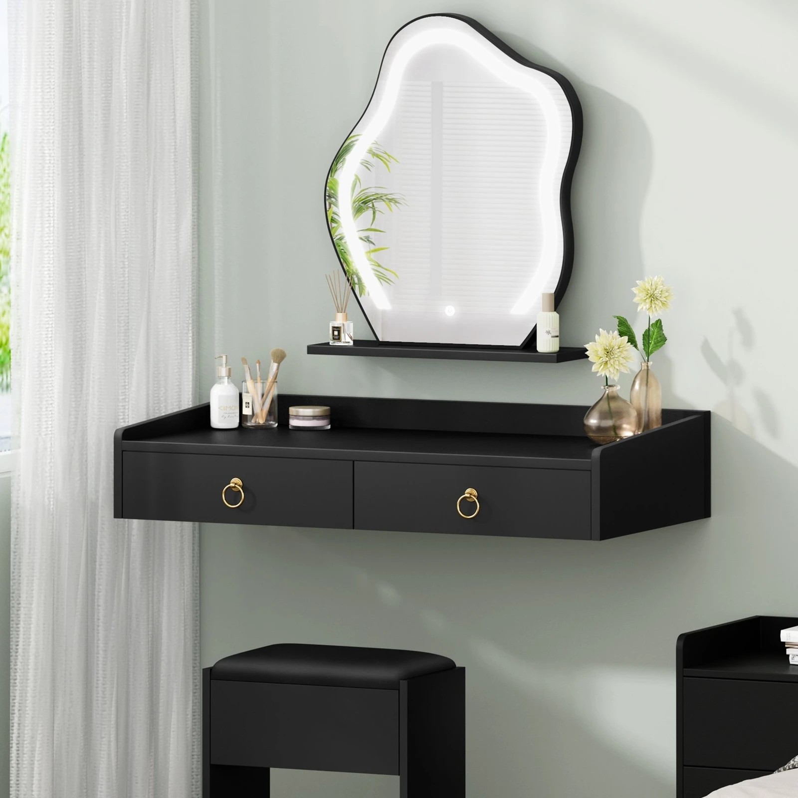3 Alfordson Dressing Table Stool Set Floating Makeup Mirror LED Vanity Desk - Black, 3 of 10