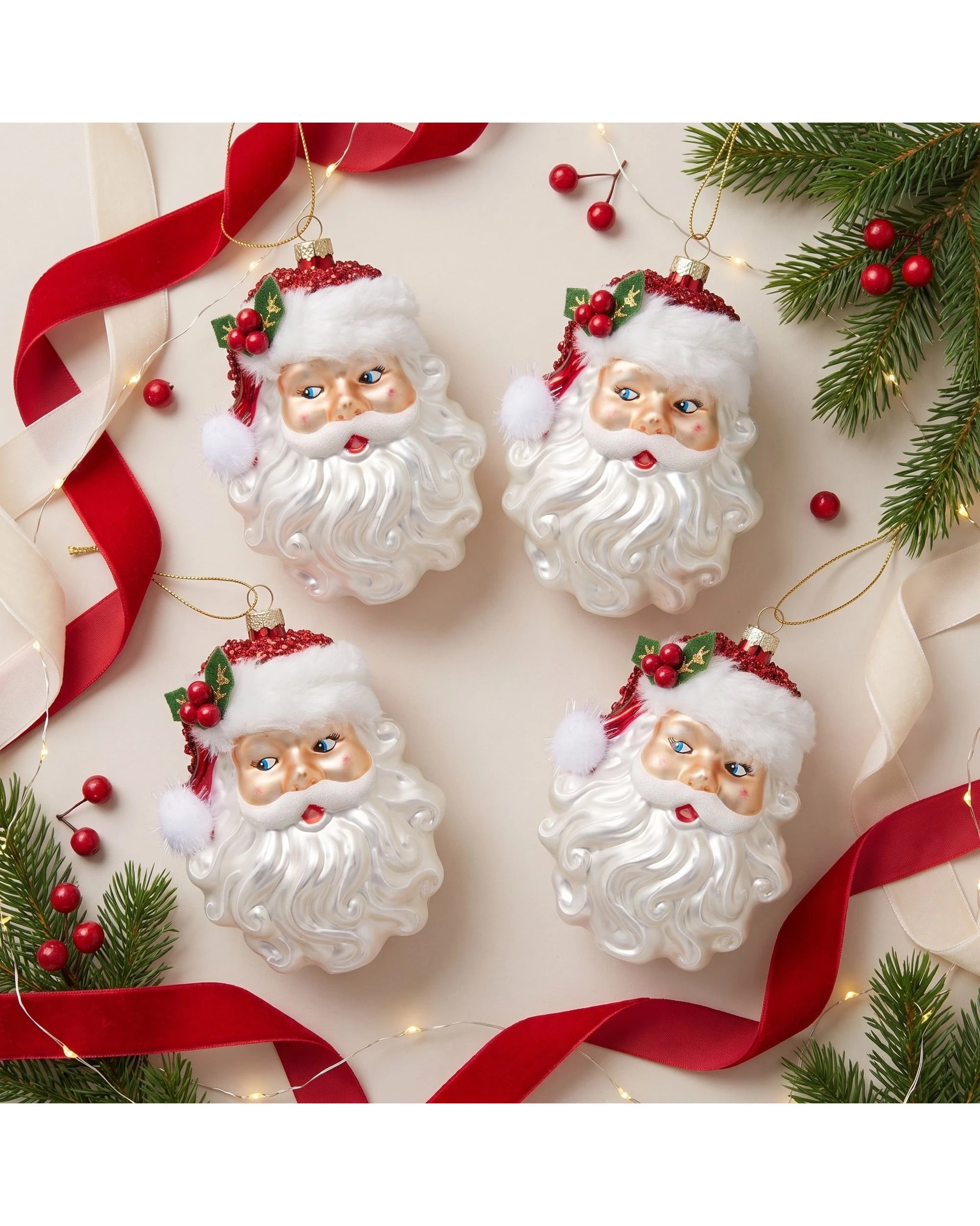 5 Christabelle Set of 6 Glass Santa Head Christmas Baubles, White Fur Trim, 13 cm - White, 5 of 7