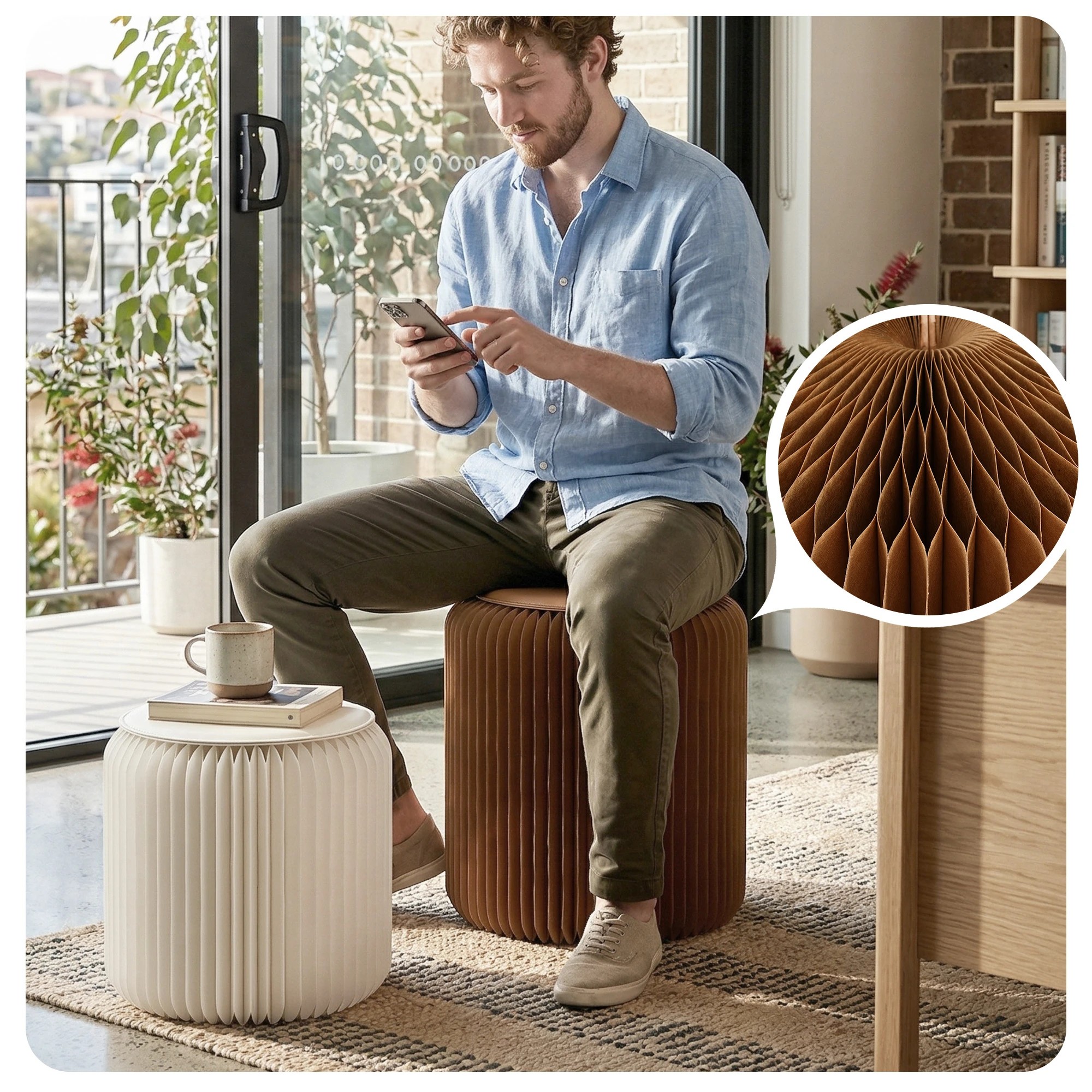 8 Artiss Accordion Folding Paper Stools Set Includes 2 Cushions Natural Kraft 100KG Capacity - Multi, 8 of 10