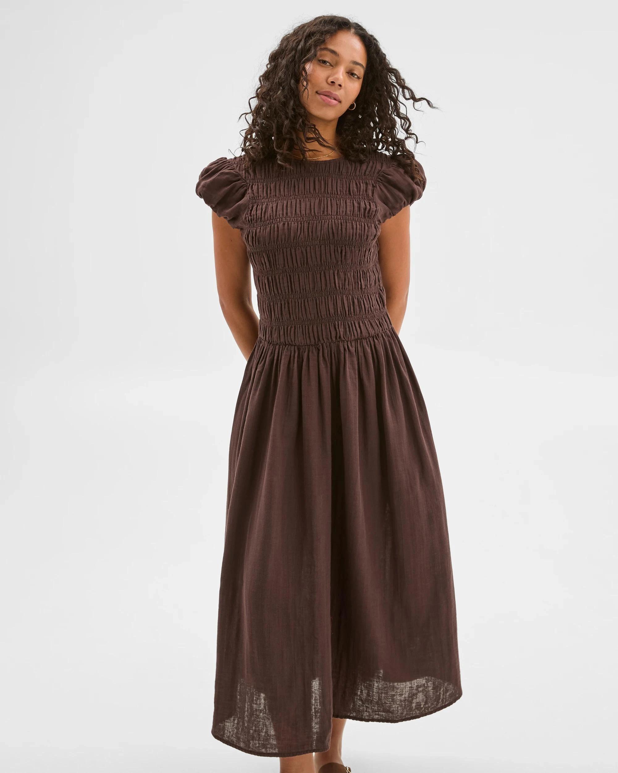 1 Target Woman Australian Cotton Double Cloth Shirred Dress BRUNETTE, 1 of 7