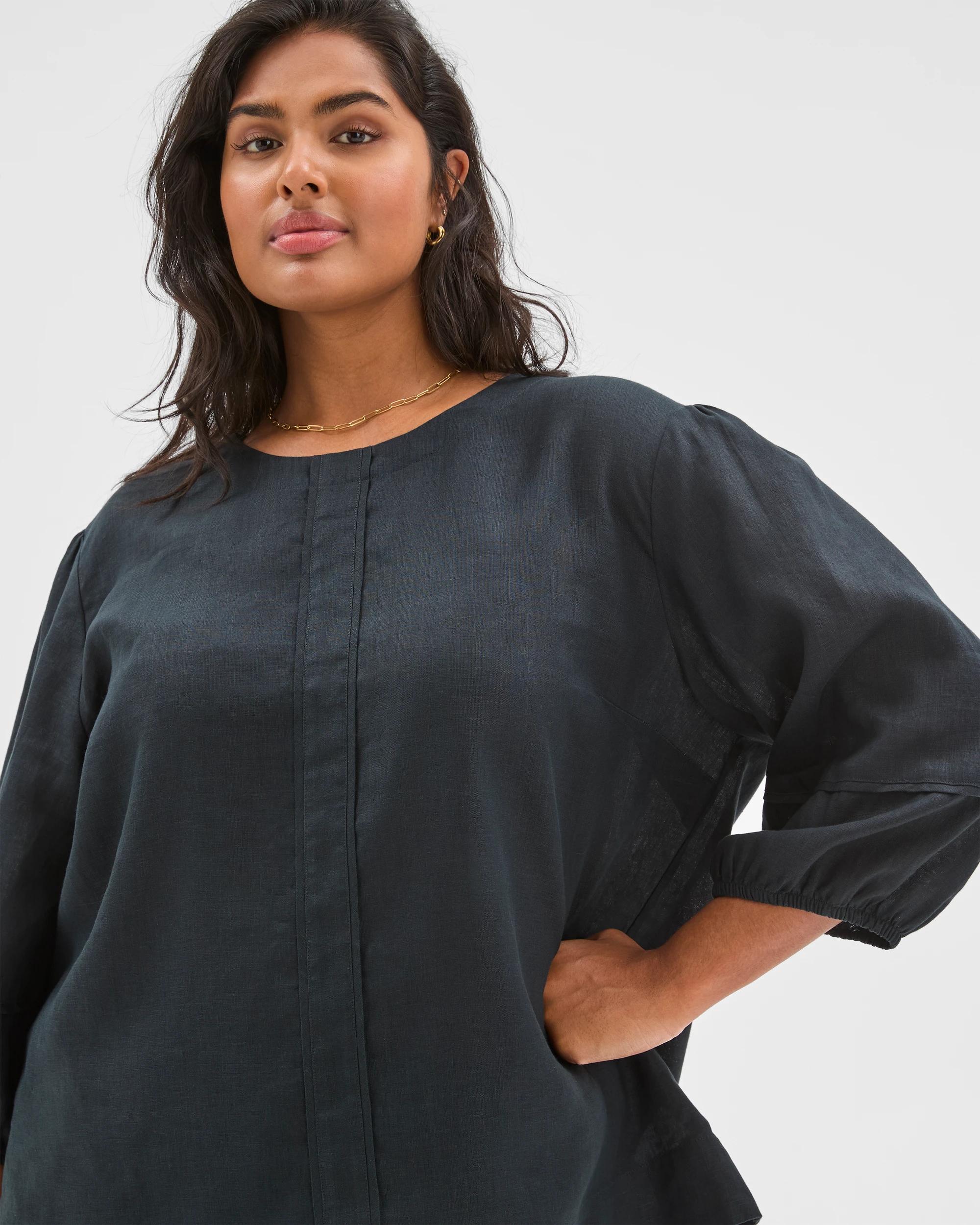 3 Target Curve Plus Size European Linen Balloon Sleeve Blouse BLACK, 3 of 6