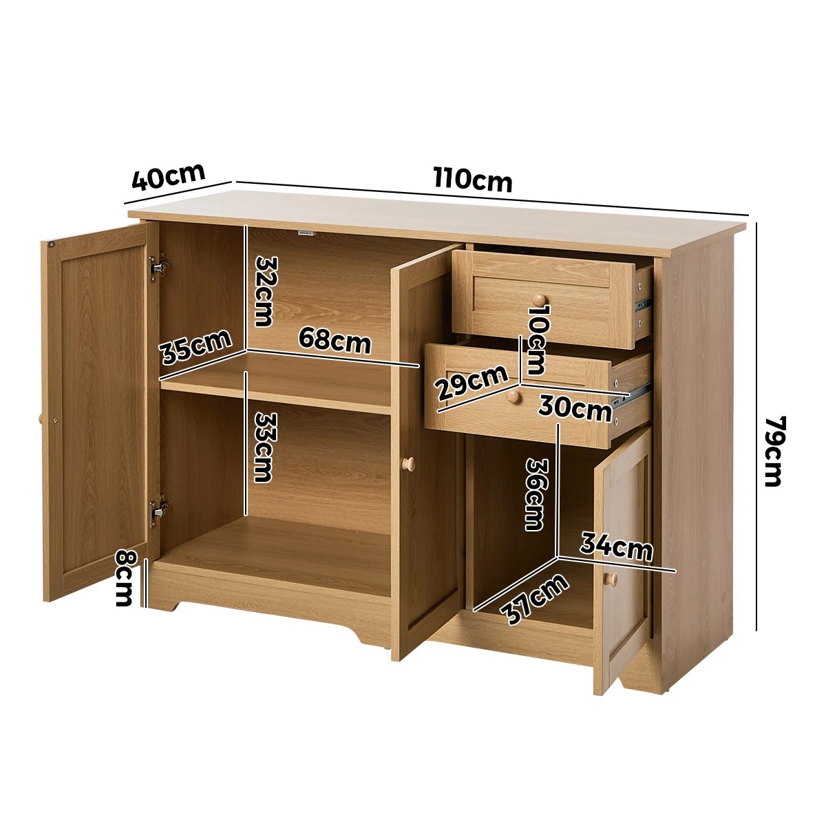 2 Oikiture Buffet Sideboard Storage Cabinet Cupboard - Natural, 2 of 9