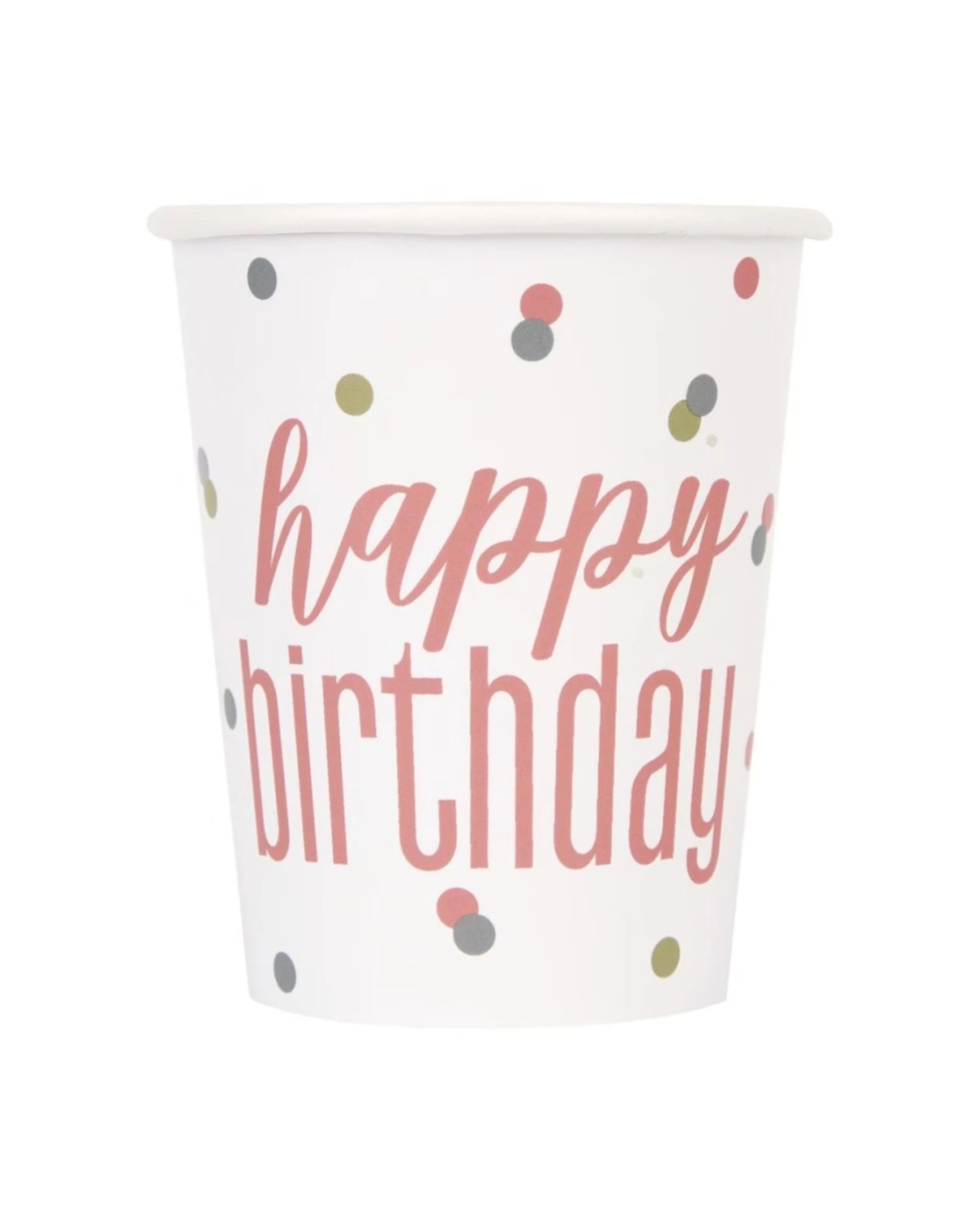 1 Meteor Party 8pc Disposable Paper Cups Tableware 270mL Happy Birthday Rose - Gold, 1 of 1