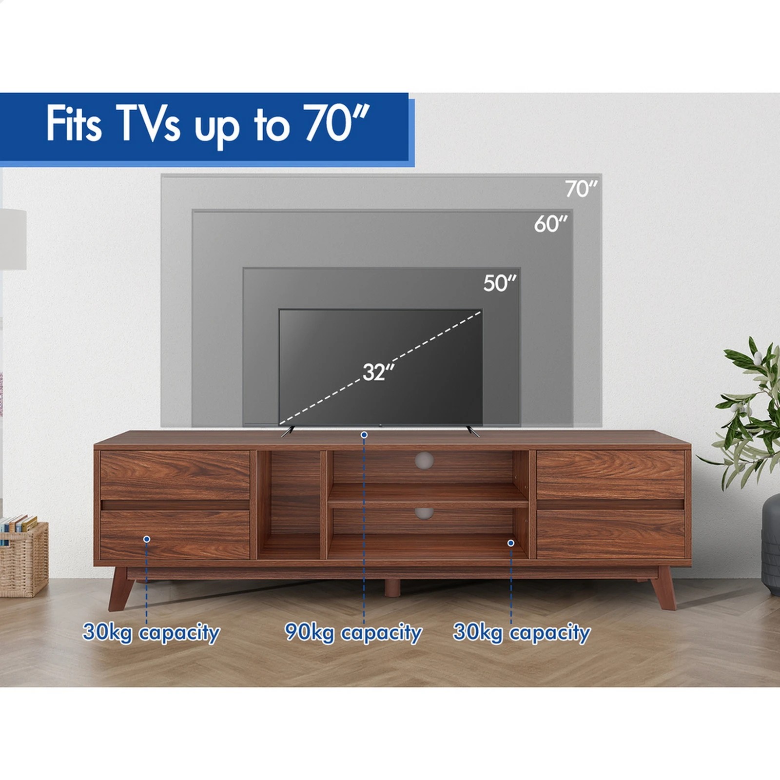 9 Alfordson Entertainment Unit TV Cabinet Stand 180cm Drawer Shelf - Walnut, 9 of 10