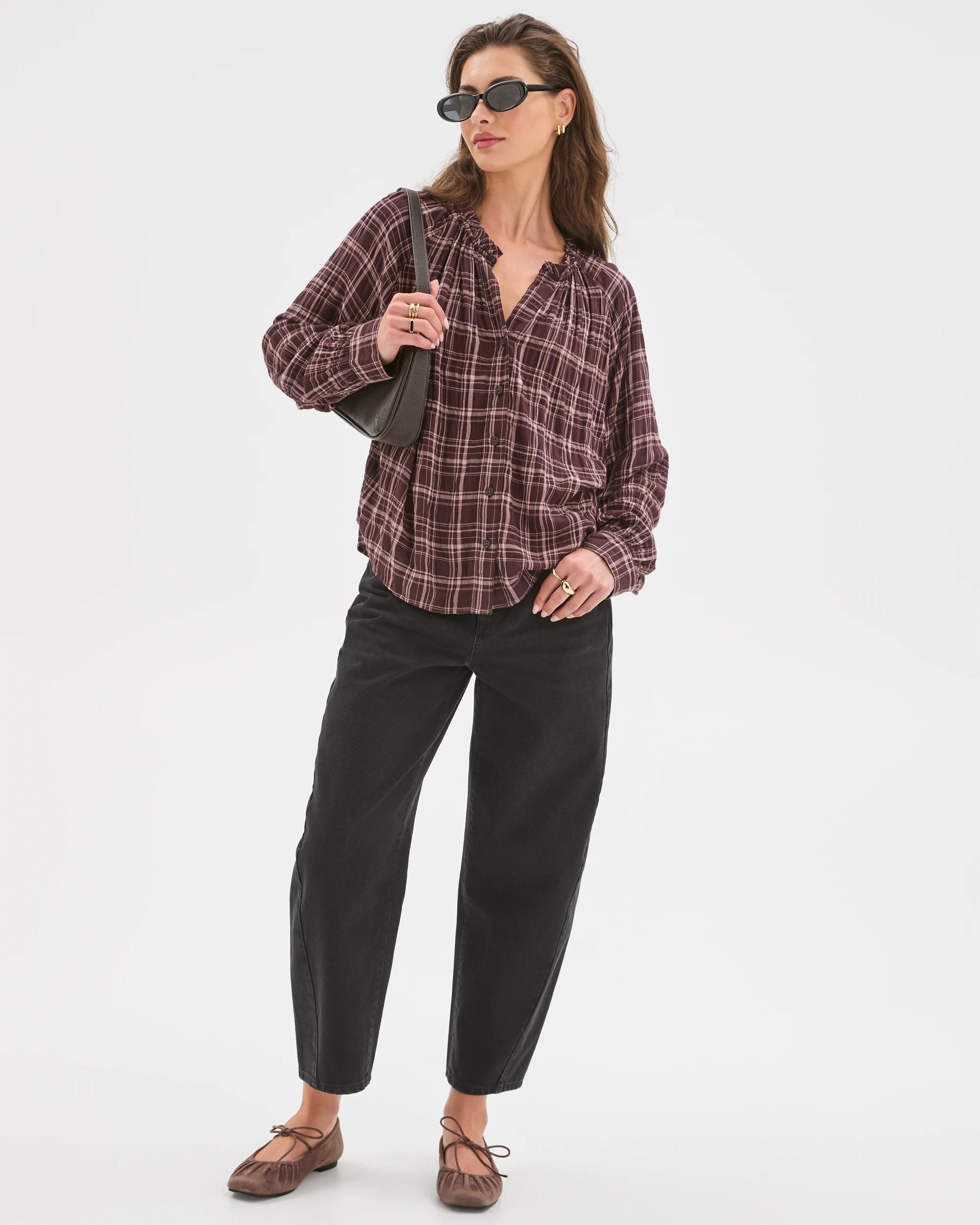 3 Target Petites Petites Long Sleeve Tie Cuff Blouse CHOCOLATE PLUM CHECK, 3 of 7