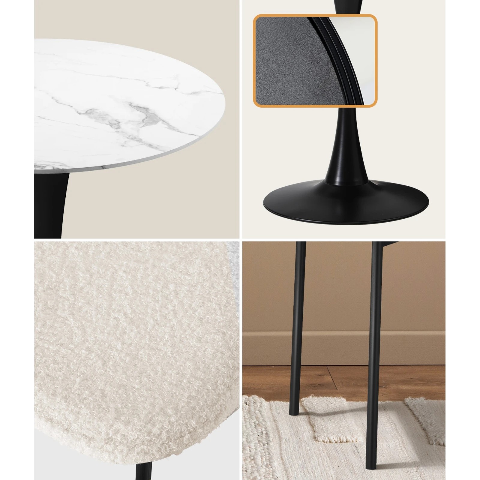 5 Oikiture 5PCS Dining Table Set Round Table Sherpa Dining Chairs -White&Black, 5 of 9