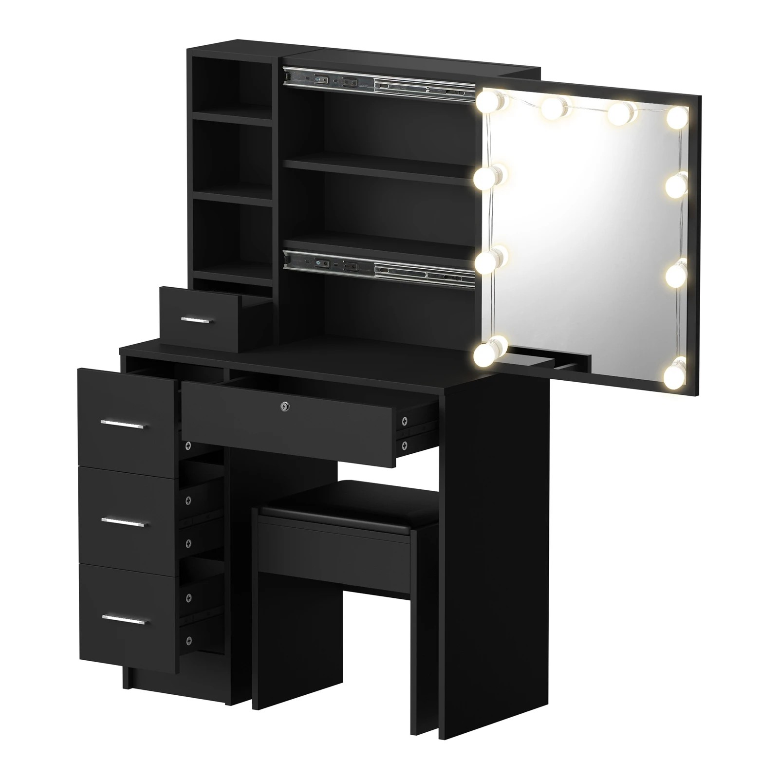 8 Oikiture Dressing Table Stool Set Makeup Slide Mirror Drawer 10 Led Bulbs
 - Black, 8 of 9