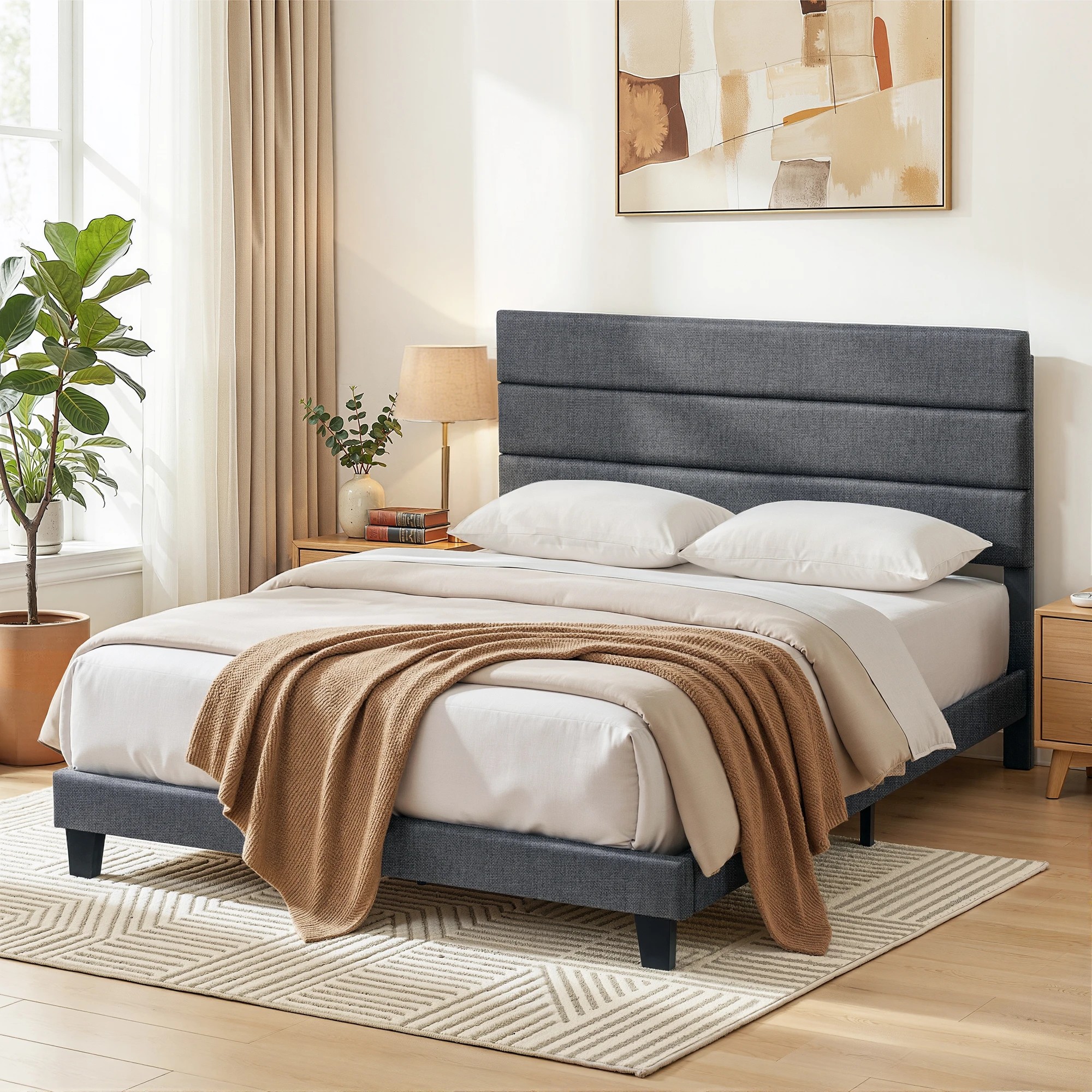 8 Artiss Queen Bed Frame Upholste Platform Base with Geometric Headboard - Charcoal, 8 of 8