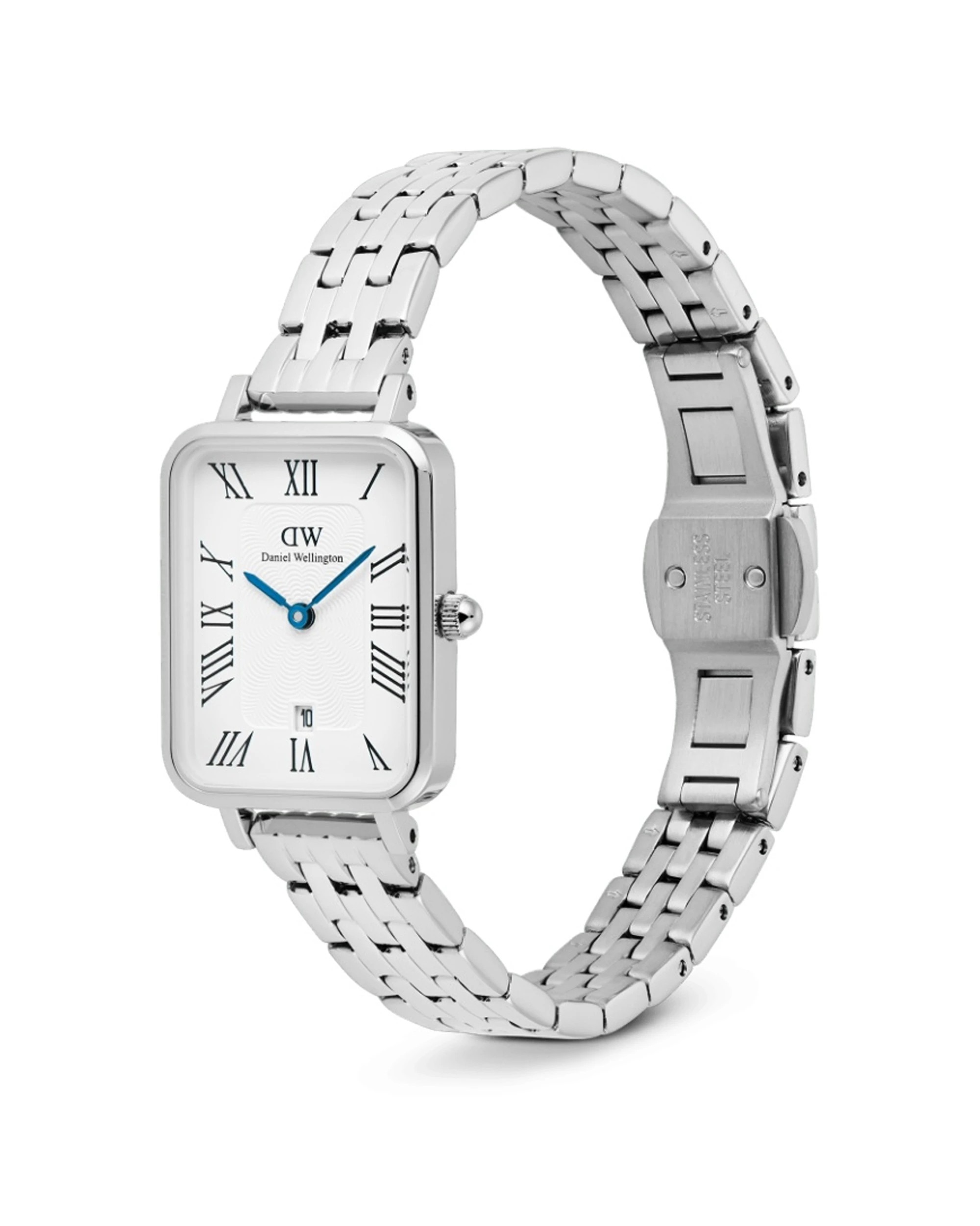 2 Daniel Wellington Quadro Roman Numerals Date 5-Link Silver Watch 20x26mm, 2 of 5