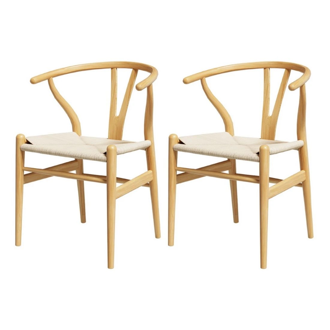 1 1 Set of 2 Artiss Dining Chairs Wooden Rattan Seat Wishbone - Natural, 1 of 7
