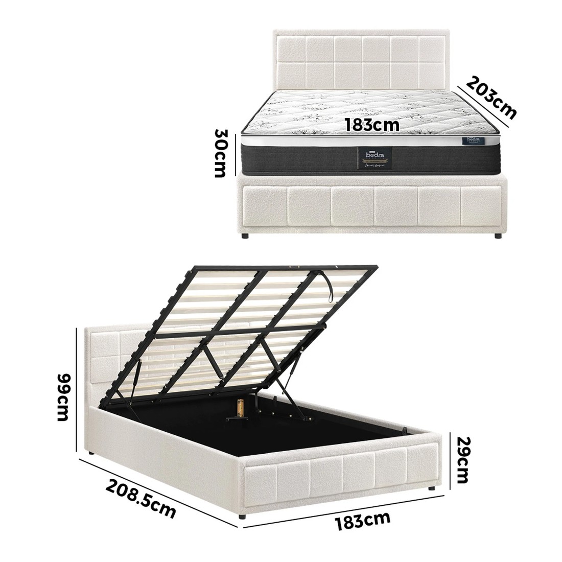 2 Oikiture Bed Frame King Size Gas Lift Storage With Mattress Set BOSS - White, 2 of 8