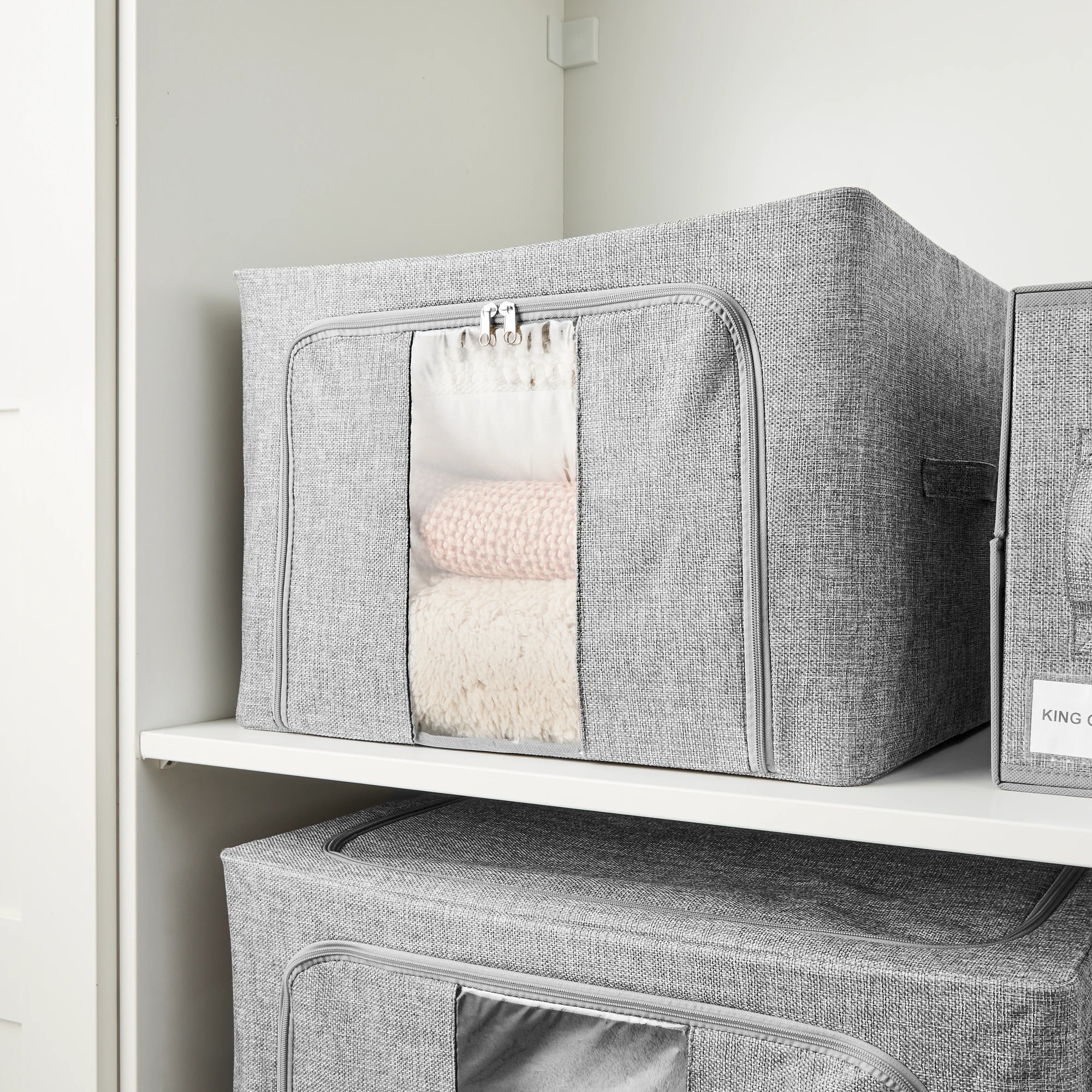 1 Linen Look Collapsible Box with Window - Large, Charcoal, 1 of 10