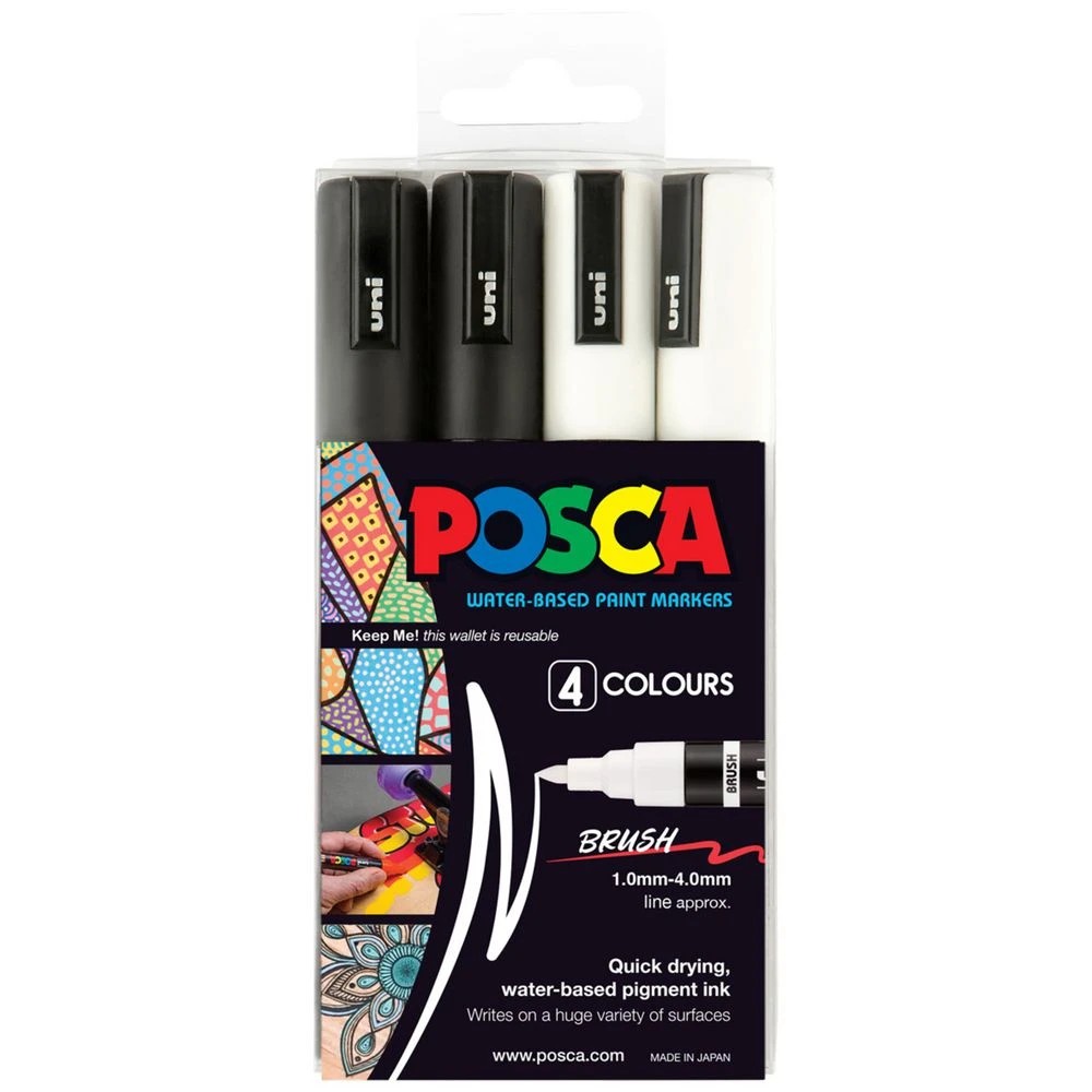 1 POSCA PC-5BR Brush Paint Marker Black/White 4 Pack, 1 of 1