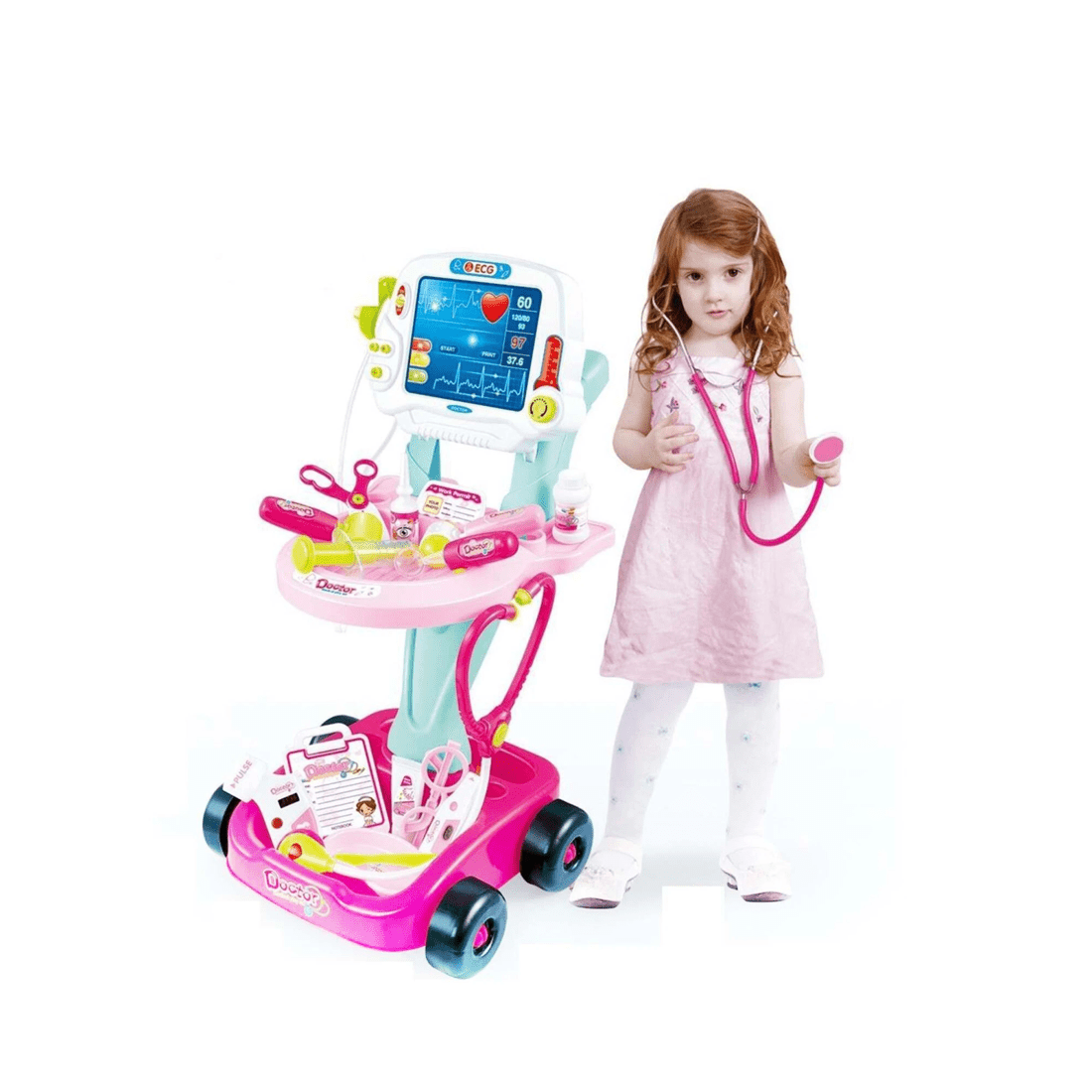 4 Lenoxx Medical Cart With Lights Sounds 17 Accessories Portable Kids Toy 58cm - Pink, 4 of 4