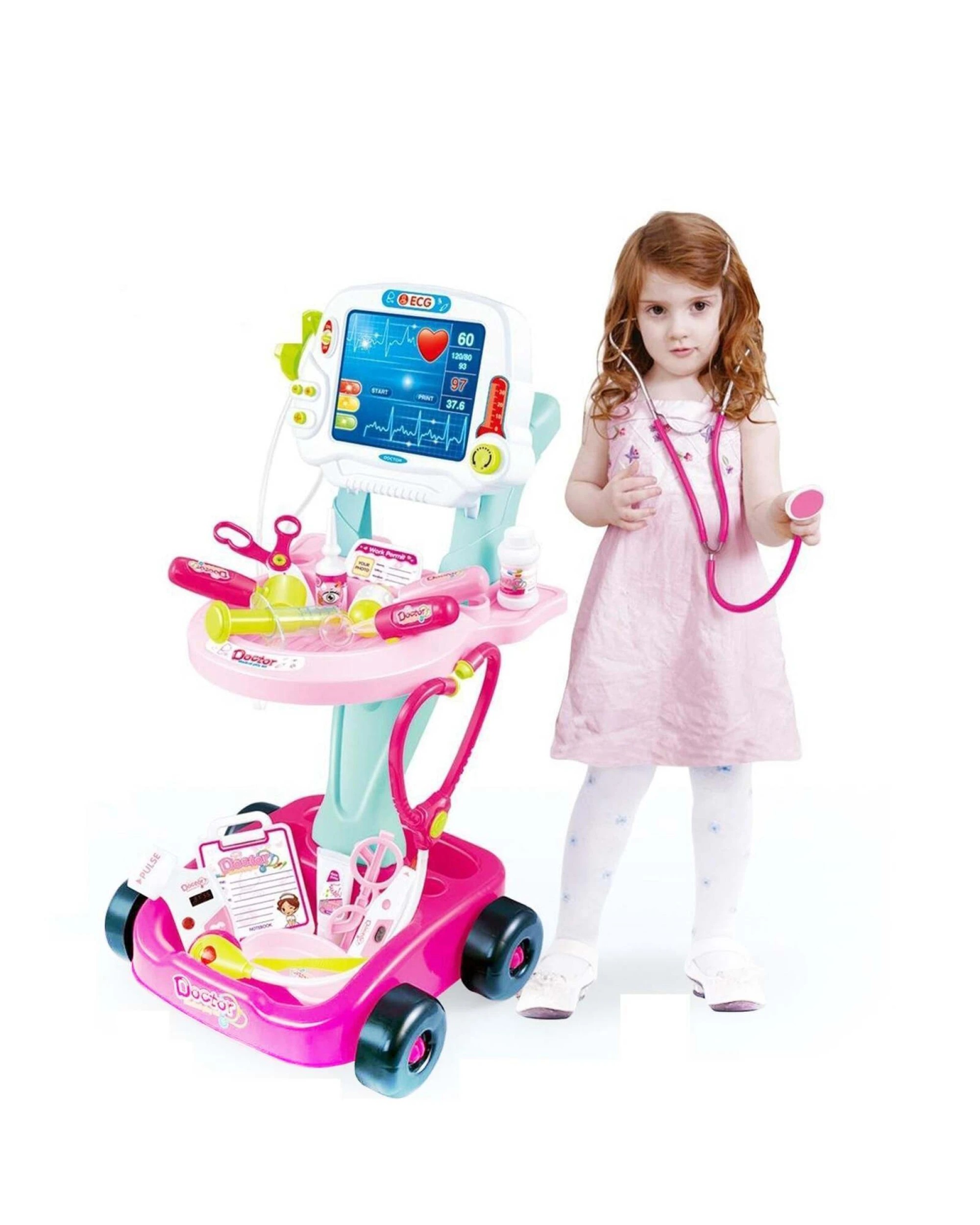 5 Lenoxx Medical Cart With Lights Sounds 17 Accessories Portable Kids Toy 58cm - Pink, 5 of 5