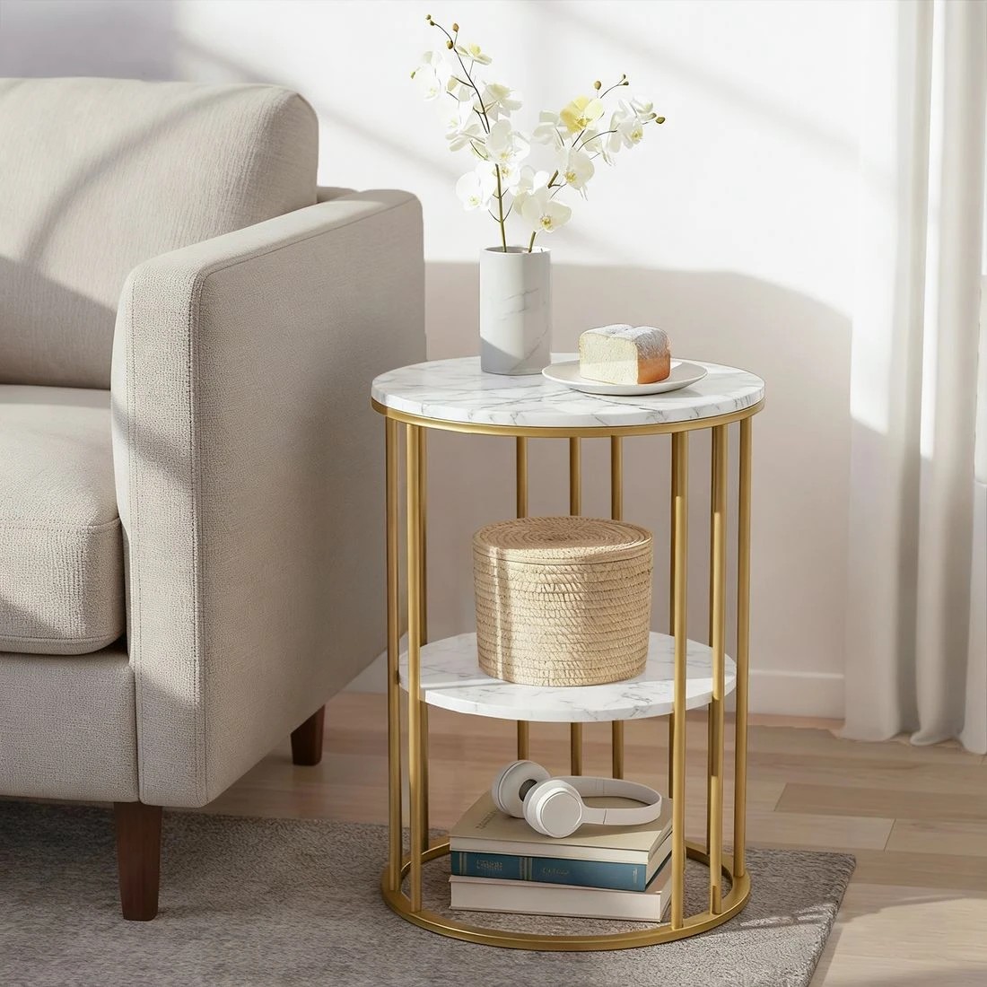 8 Artiss Side Table Set of 2 Marble Effect Round Coffee Table 2 Tier End Bedside Table Nightstand - White, 8 of 8