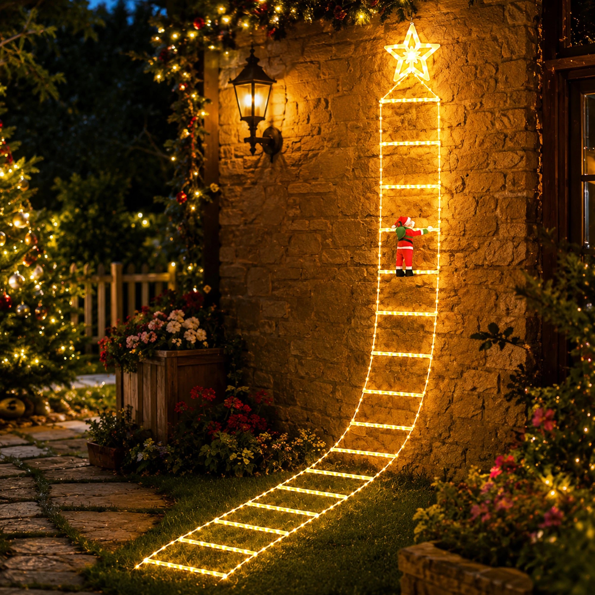 7 Jingle Jollys Christmas Ladder Lights Santa 3.4m 328LED Hanging Decor Warm - Gold, 7 of 8