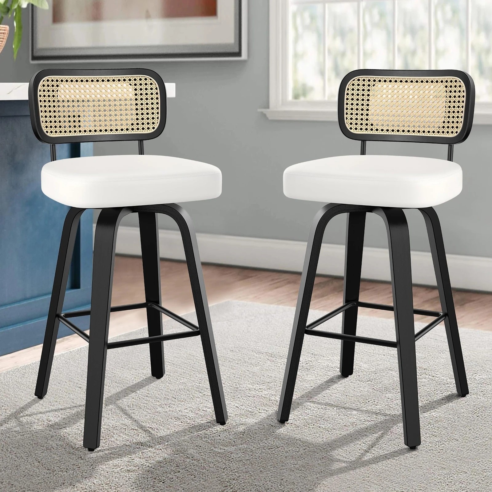 8 Alfordson 2x Bar Stools Kitchen Vintage Leather Seat Rattan Chair - White, 8 of 9