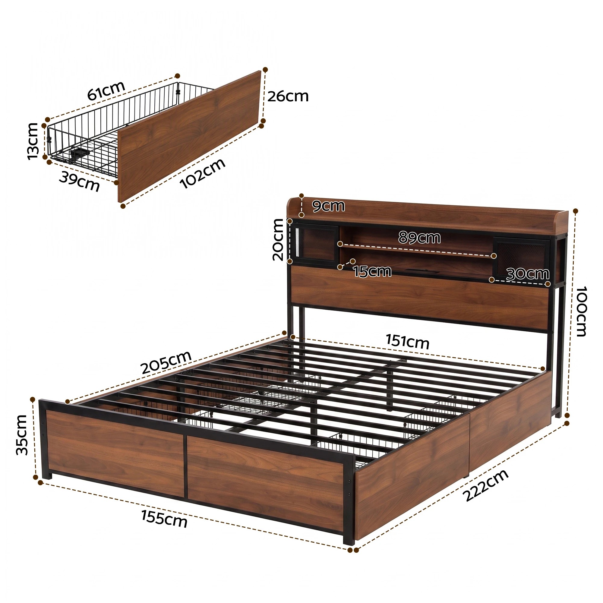 2 Artiss Frame with Charging Station 4 Drawers Storage - Queen Bed - Natural, 2 of 8