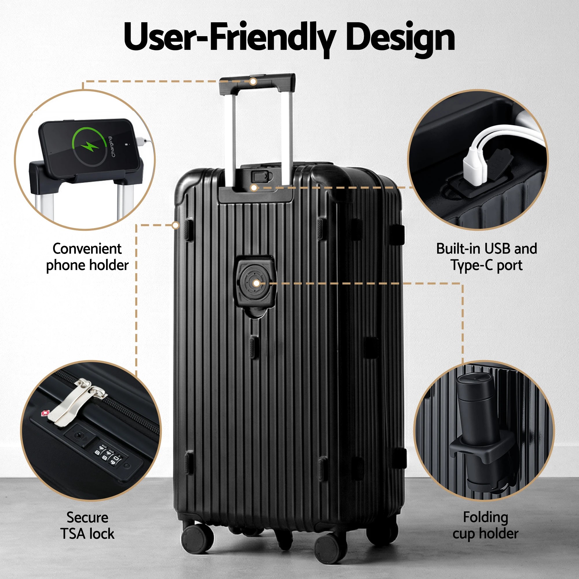 6 Wanderlite 28" Trunk Luggage Suitcase Travel 5 Wheels Type-C Port TSA - Black, 6 of 8