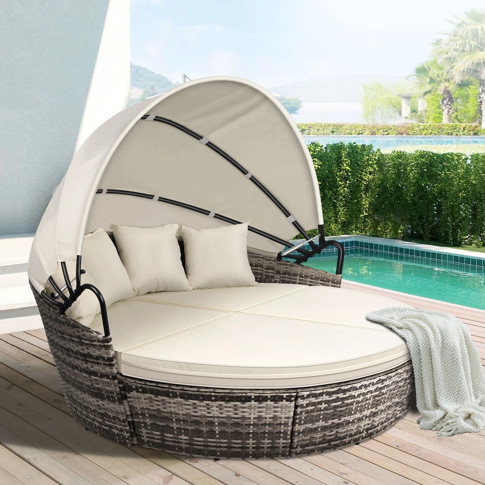 3 Alfordson Outdoor Sun Lounge Day Bed Wicker Furniture Sofa Bed Garden 3PCS - Beige, 3 of 10