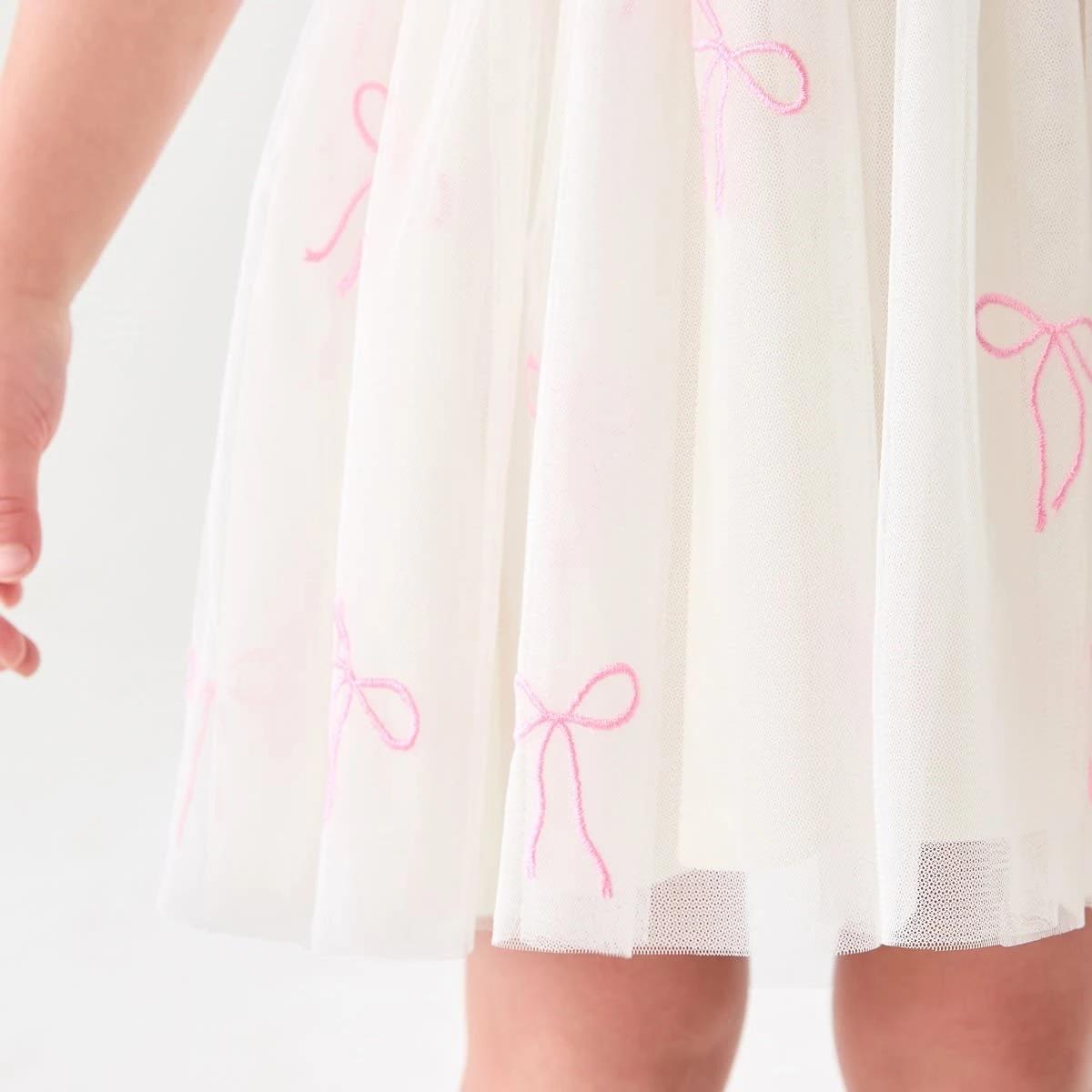 6 Short Sleeve Tutu Dress RIBBON BOW EMB BUTTER BIEGE, 6 of 8