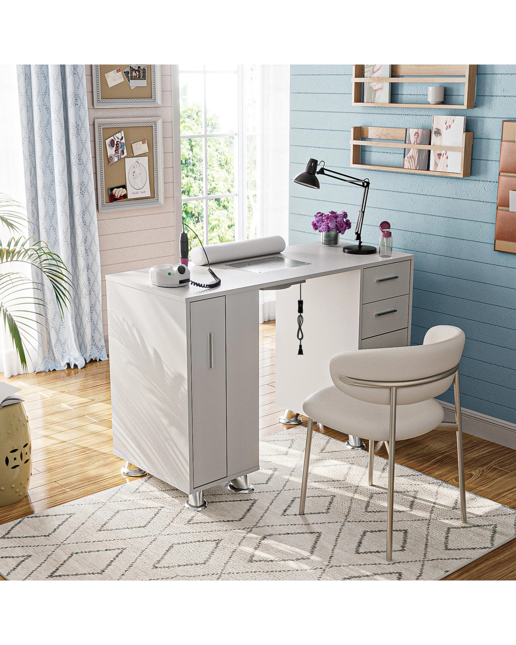 7 Advwin Manicure Table Nail Tech Desk Dressing Table Dust Collector Drawers Cabinet Storage
 - White, 7 of 8